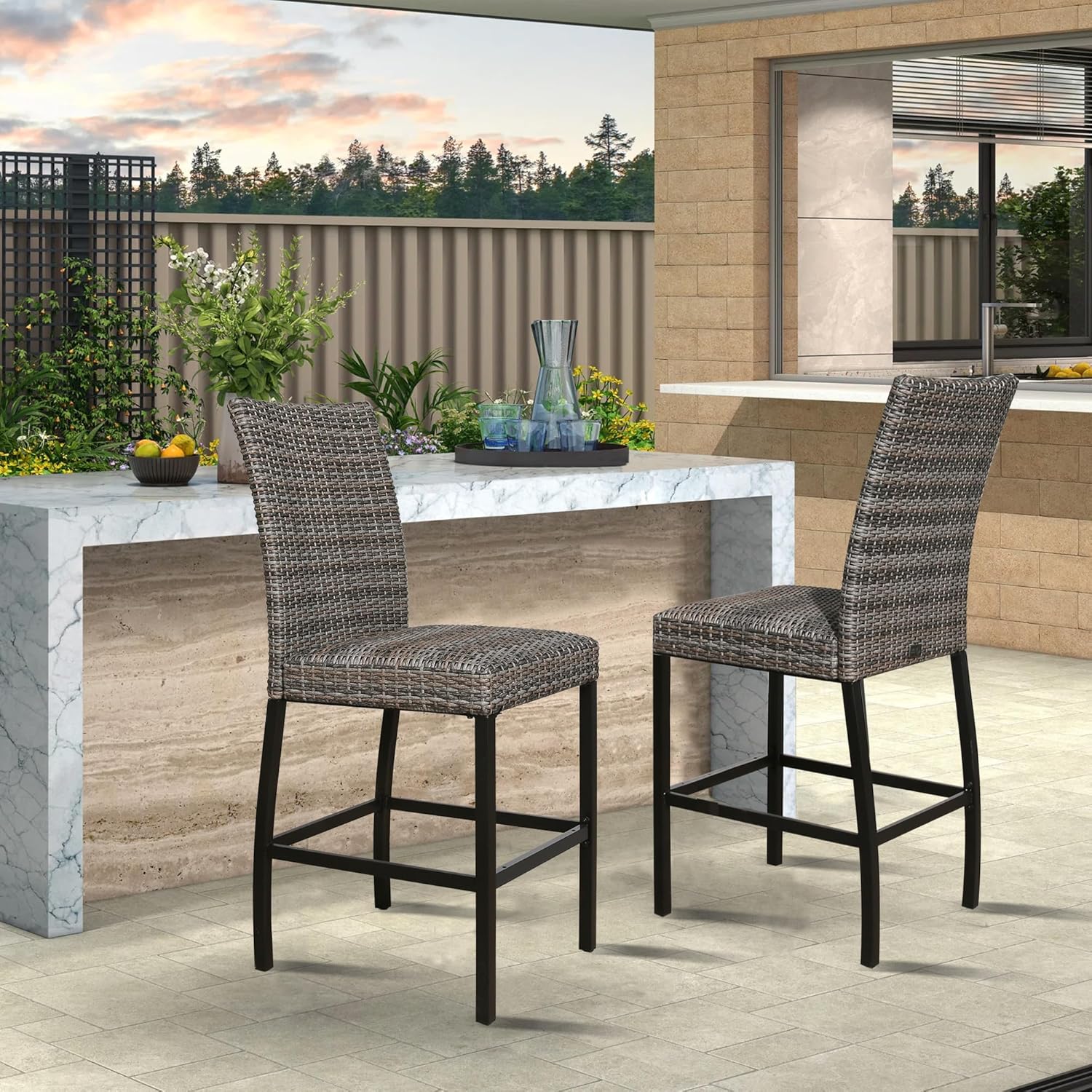 Ulax furniture Outdoor Bar Stools Set of 2 - Patio Wicker Padded Chairs for All-Weather Rattan Furniture