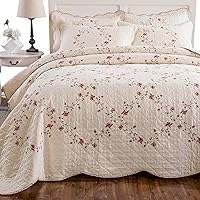 ROOMLIFE King Size Beige 3-Piece Reversible Cotton Quilt Set with 3D Floral Embroidery - Lightweight Soft Bedspread Coverlet