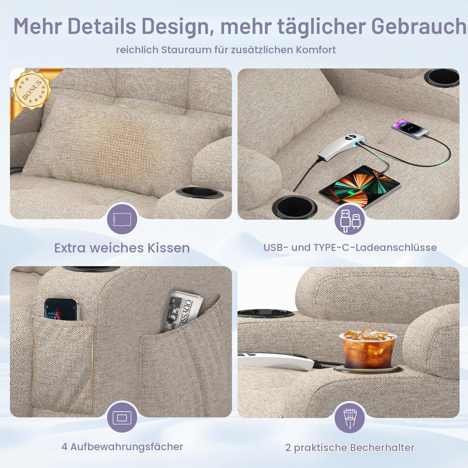 Relaxsessel Fernsehsessel Elektrisch Verstellbar Massagesessel mit Wärmefunktion Liegefunktion,2 Getränkehalter,4 Seitentaschen, TYP C & USB-Anschlüsse, TV Sessel für Fußteil, Wohnzimmer
