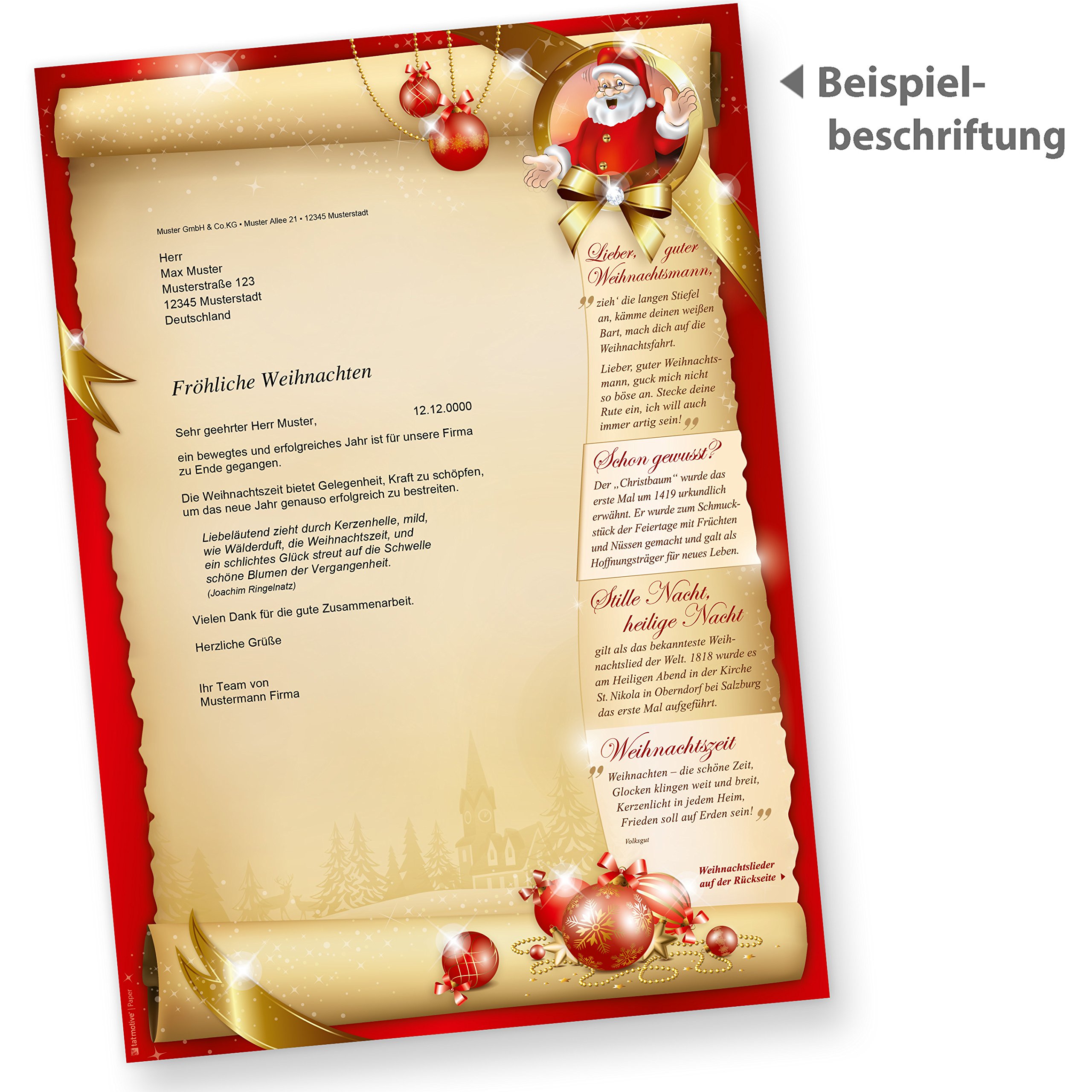 Weihnachtsbriefpapier SANTA CLAUS beidseitig (500 Blatt) Briefpapier mit Weihnachtsliedern auf der Rückseite für Weihnachten