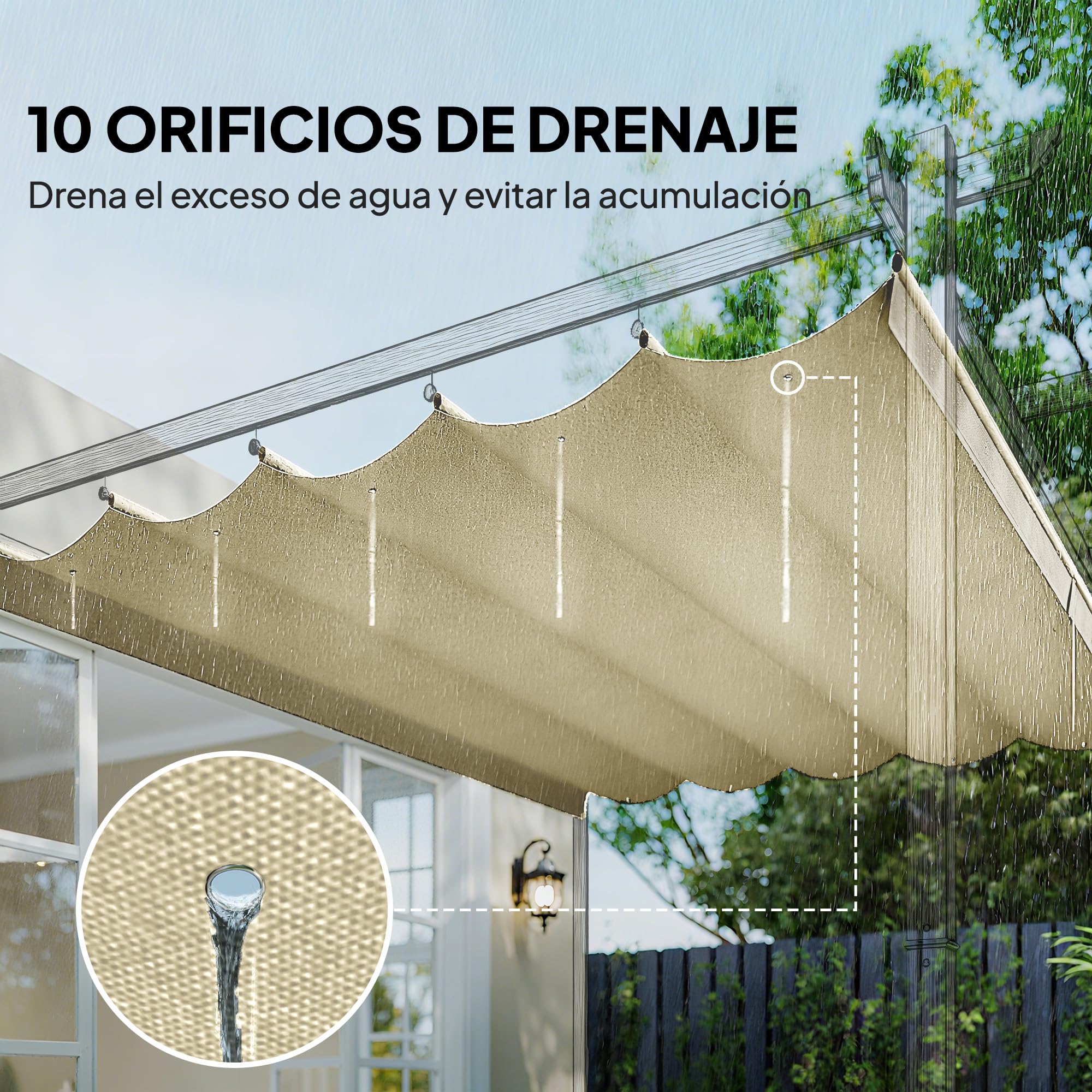 Outsunny Techo de Pérgola 3,5x2,6 m, Techo de Repuesto Retráctil para Marco de Pérgola de 4x3 m, UV30+, Toldo de Tela Solo para Cenador Jardín con 10 Orificios de Drenaje, Crema