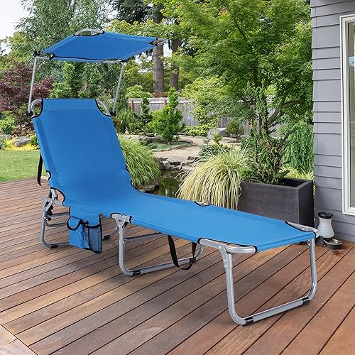 Miniatura 8 de Silla de playa GYMAX, tumbona, ajustable y plegable, con toldo y bolsillos laterales, resistente para tomar el sol, reclinable para uso en
