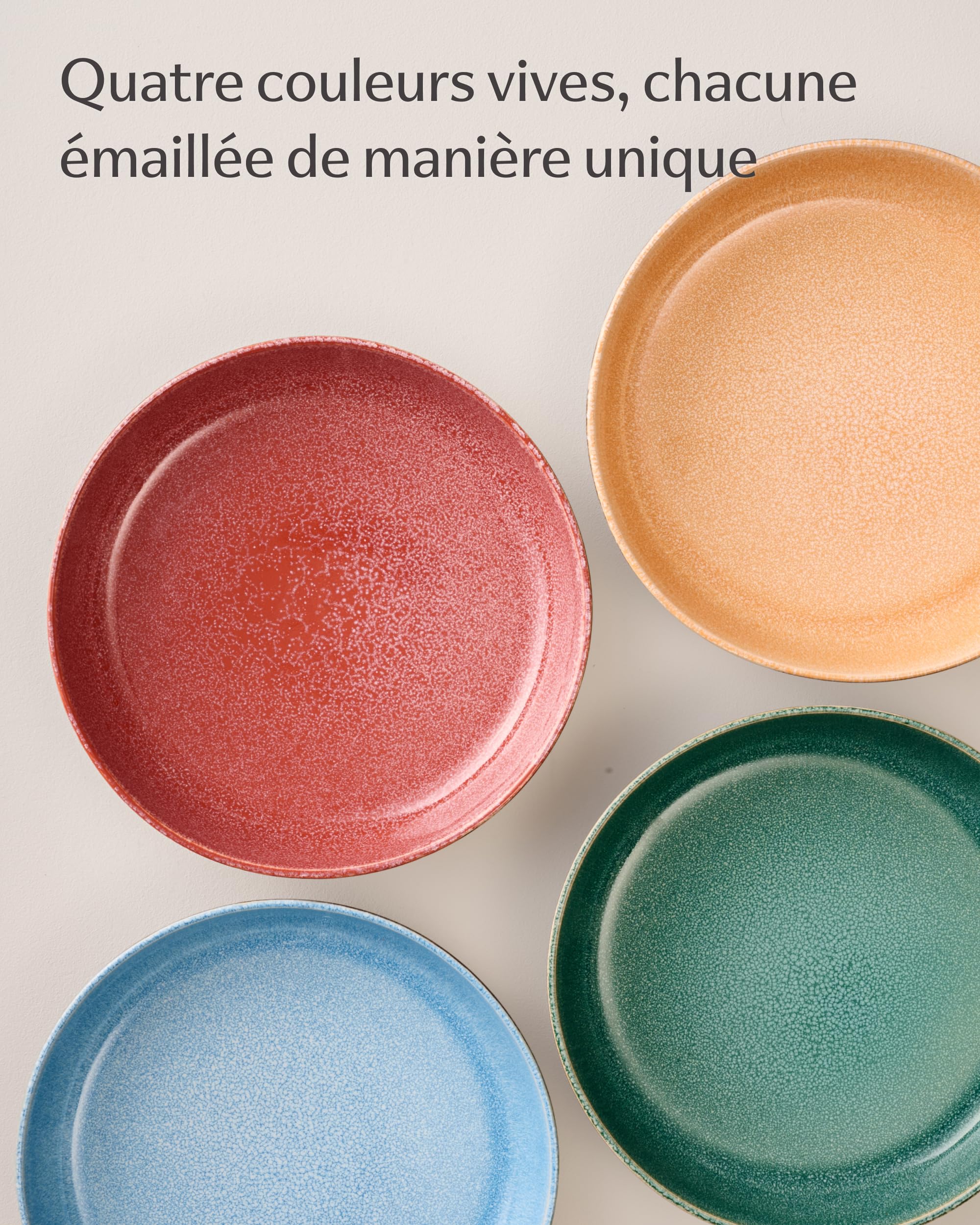 Cosumy Set de 4 Assiettes à Pâtes en Grès Ø22 cm – Vaisselle Artisanale avec Glaçure Réactive – Jeu de Couleurs Vibrantes, Compatible Micro-ondes & Lave-vaisselle – Set de 4 Pièces pour Pâtes