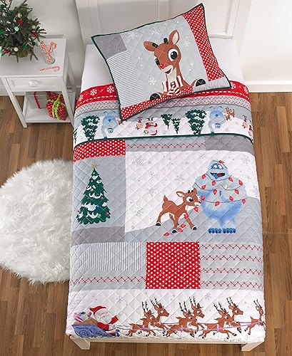Miniatura 5 de Juego de ropa de cama de Navidad del reno Rudolph de nariz roja, colcha y fundas de almohada súper suaves de 2 piezas, tamaño individual 68" x 86",