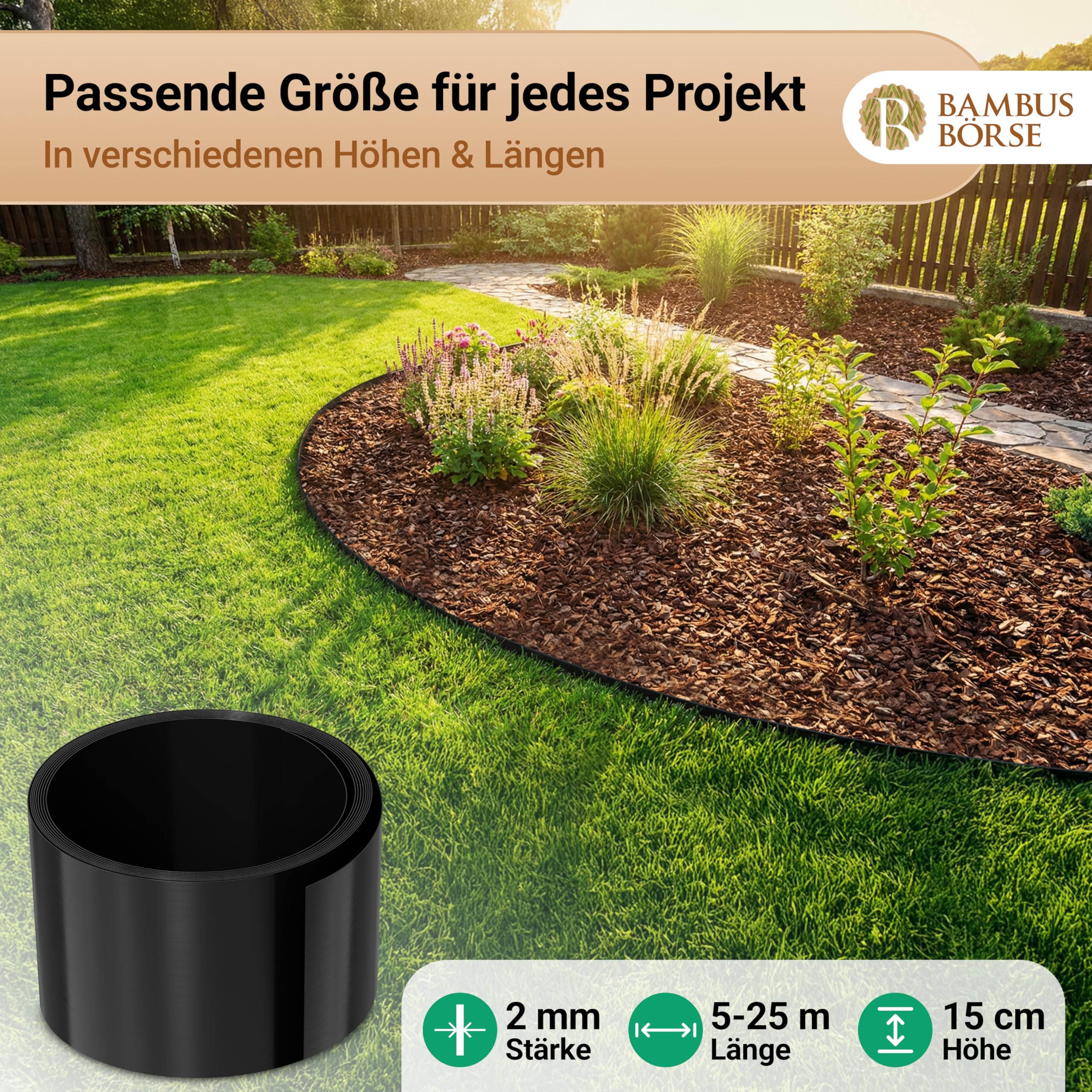 Rasenkante - Beetabgrenzung 15 cm hoch, 25 m lang aus HDPE Kunststoff - Flexible Beeteinfassung & Rasenbegrenzung wetterfest, UV-beständig, langlebig, einfache Montage - Beetkante Rolle