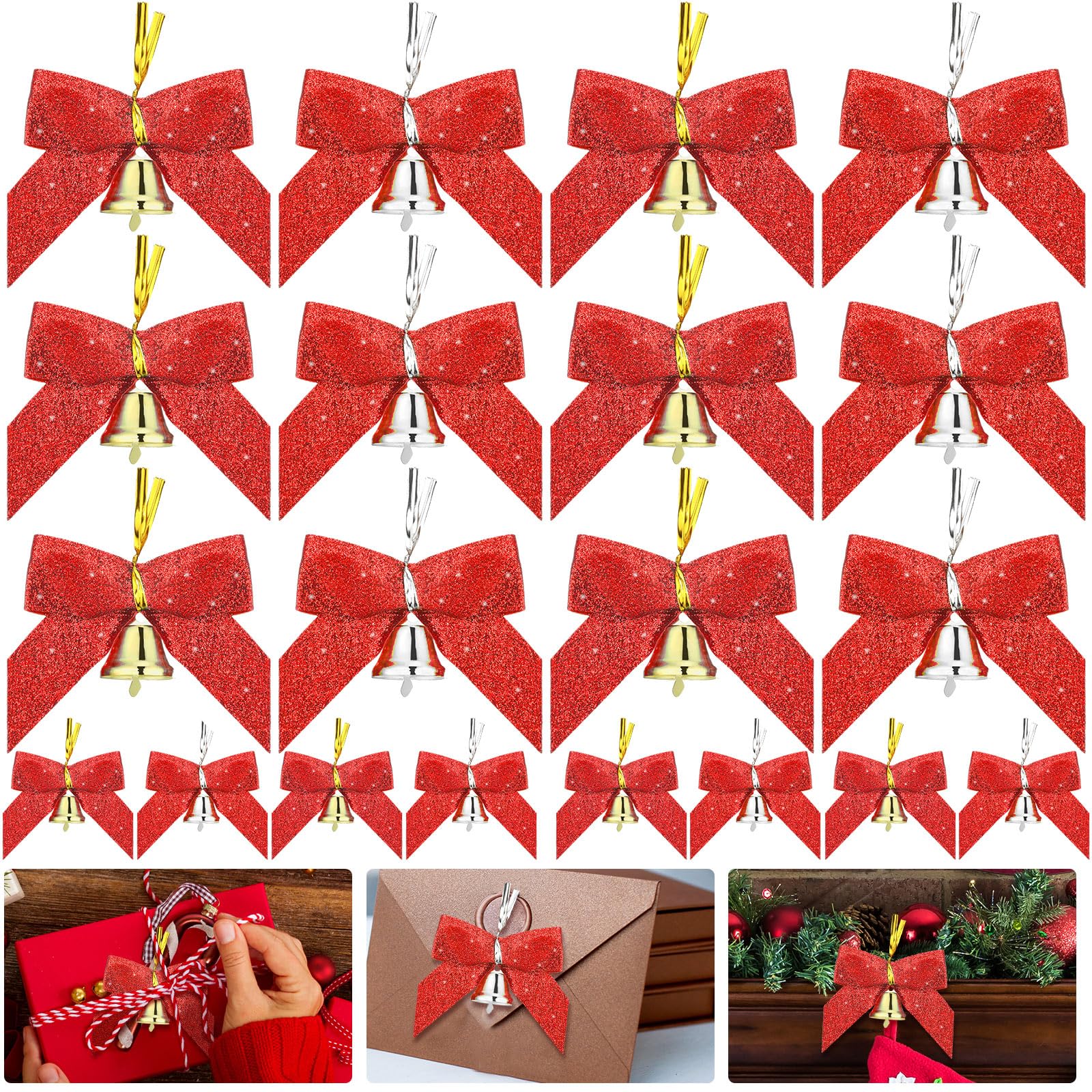 Glitinsel 36 Pieces Christmas Bow with Bell 3.5" 1.5" Christmas Tree Bow Knot Glitter Ribbon Wreath Bows Xmas Twist Tie Bows for Boxes Gift Wrapping