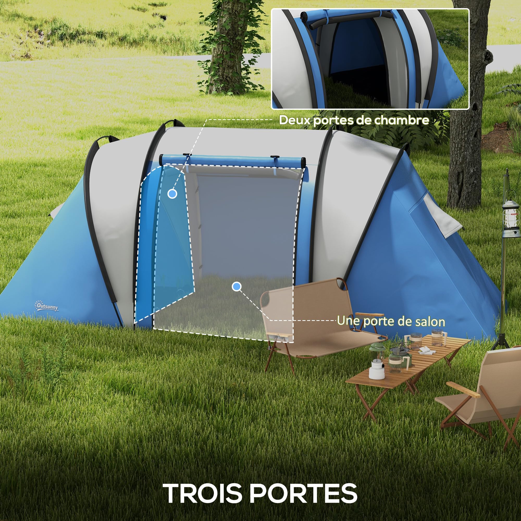 Outsunny Tente de Camping familiale 4-5 Personnes avec 2 Chambres, 3000 mm imperméable et ventilée, Installation Facile, Tente de randonnée avec 3 Portes et fenêtres et Sac de Transport