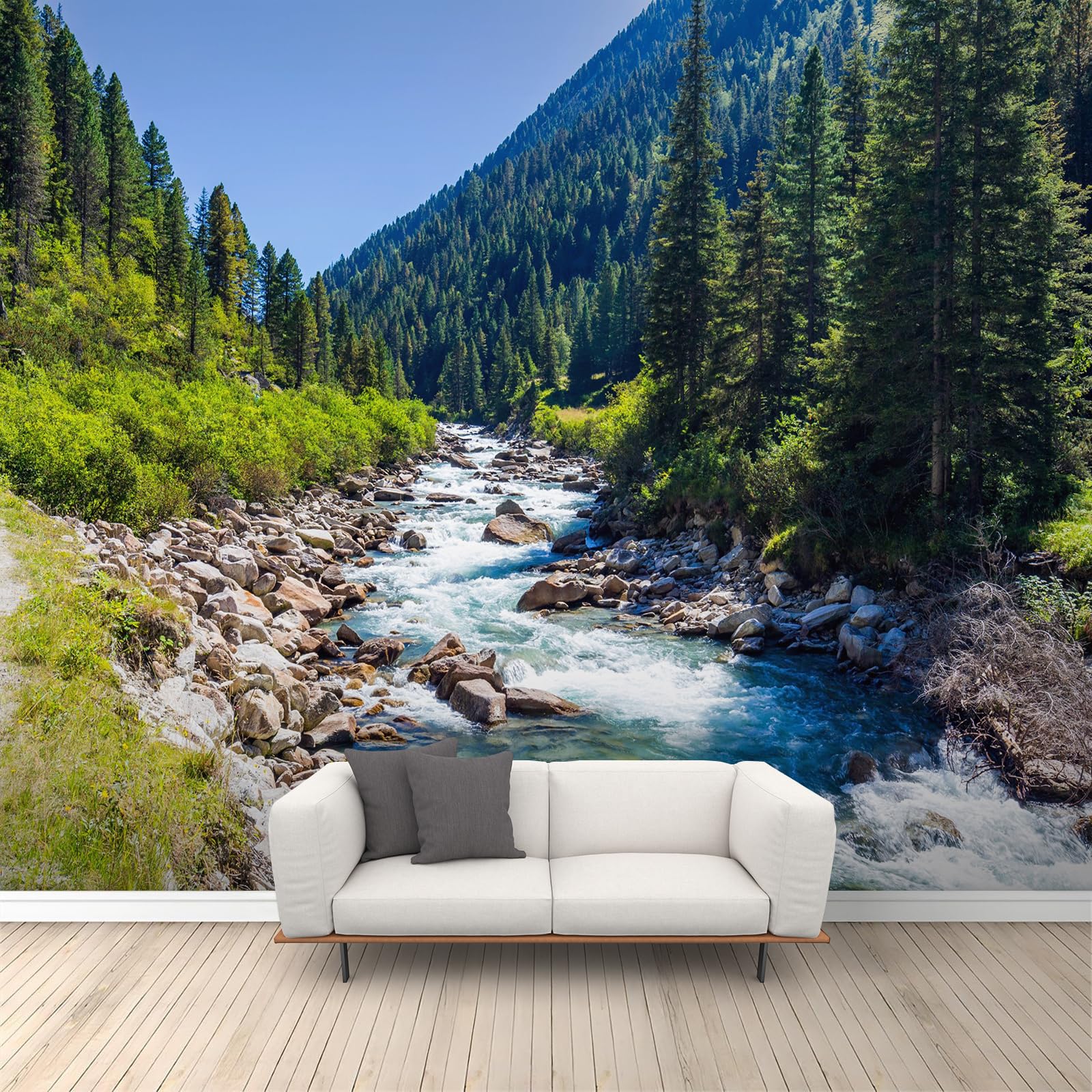Forêt verte en papier peint panoramique cascade rivière pour grand salon
