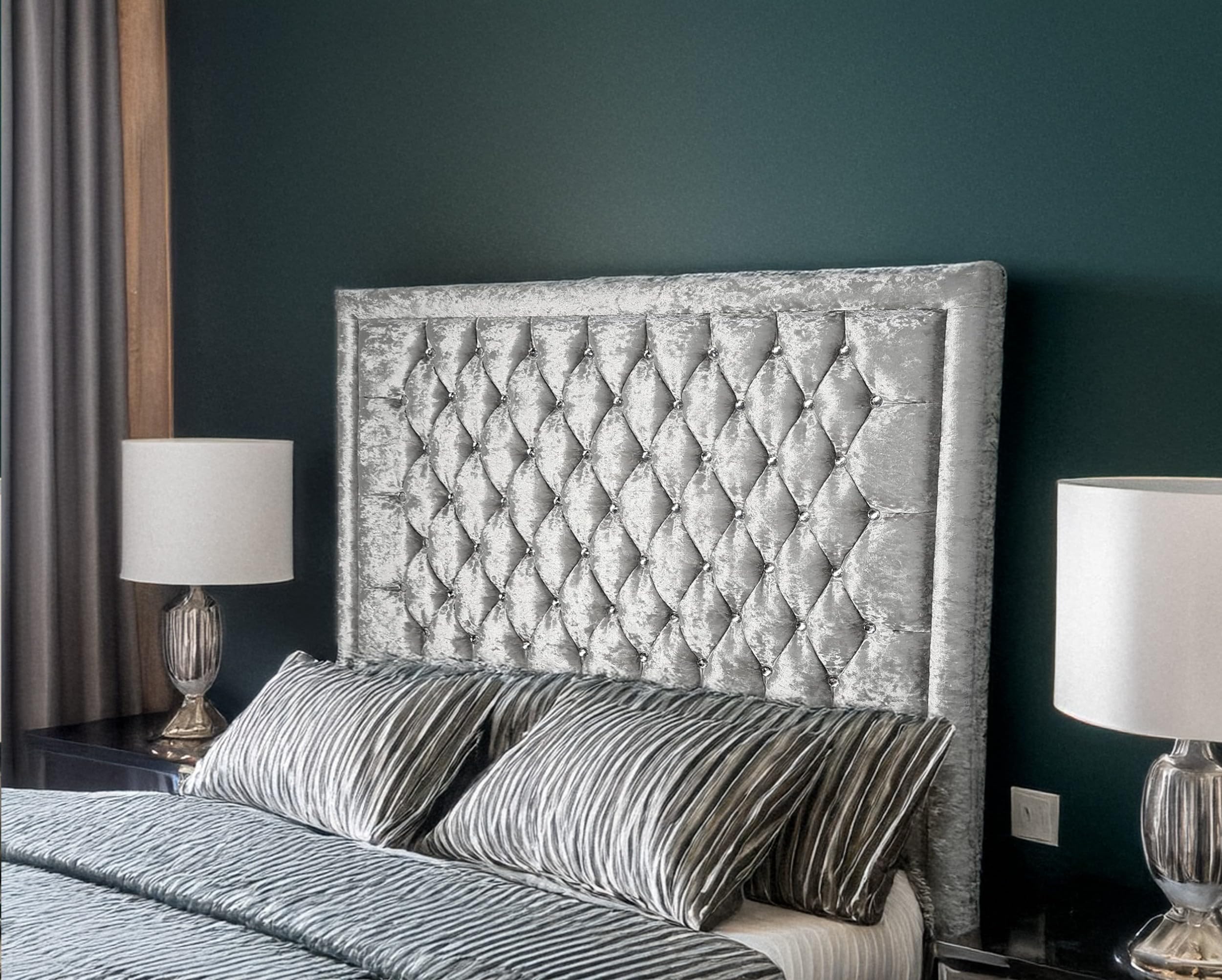luxisleepltd Alton Bumper Tufted,Crystal Crushed Velvet Headboards, Single 3ft 4FT Double 4FT6 King-size 5FT and Super King 6FT Upholstered Headboard Divan bed frame (Silver, Double-90cmTall)