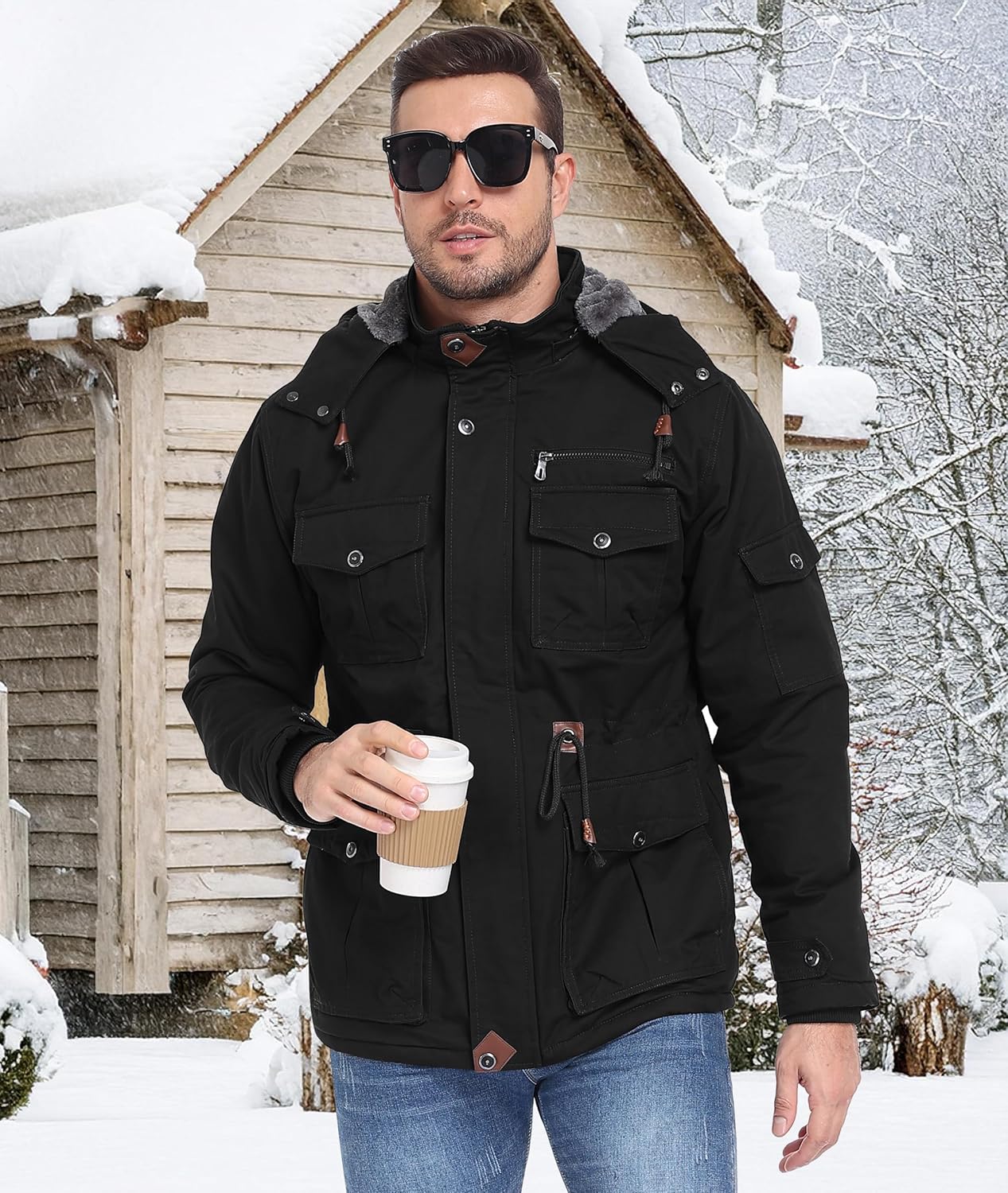 Winter Jackets for Men Fleece Lined Cotton Outdoor Winter Cargo Coats with Multi Po... - Image 2