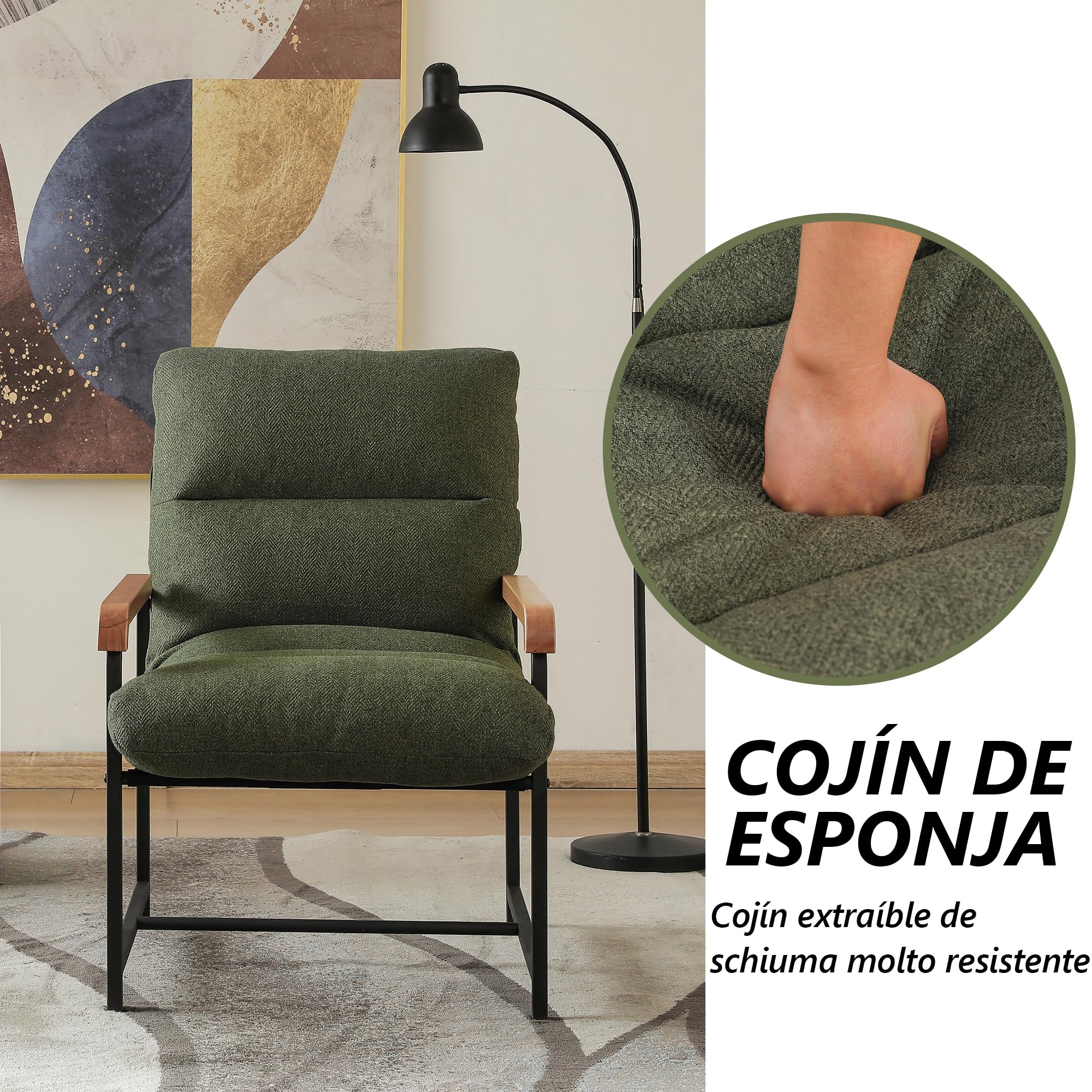 Mingone Sillón con reposabrazos, sillón Acolchado Suave, Silla de cóctel Acolchada Suave, Silla de sofá Individual, Adecuada para Dormitorio, Oficina y Ocio (Verde) | Reposabrazos de madera maciza, sillón tapizado con marco de metal, sillón moderno para s