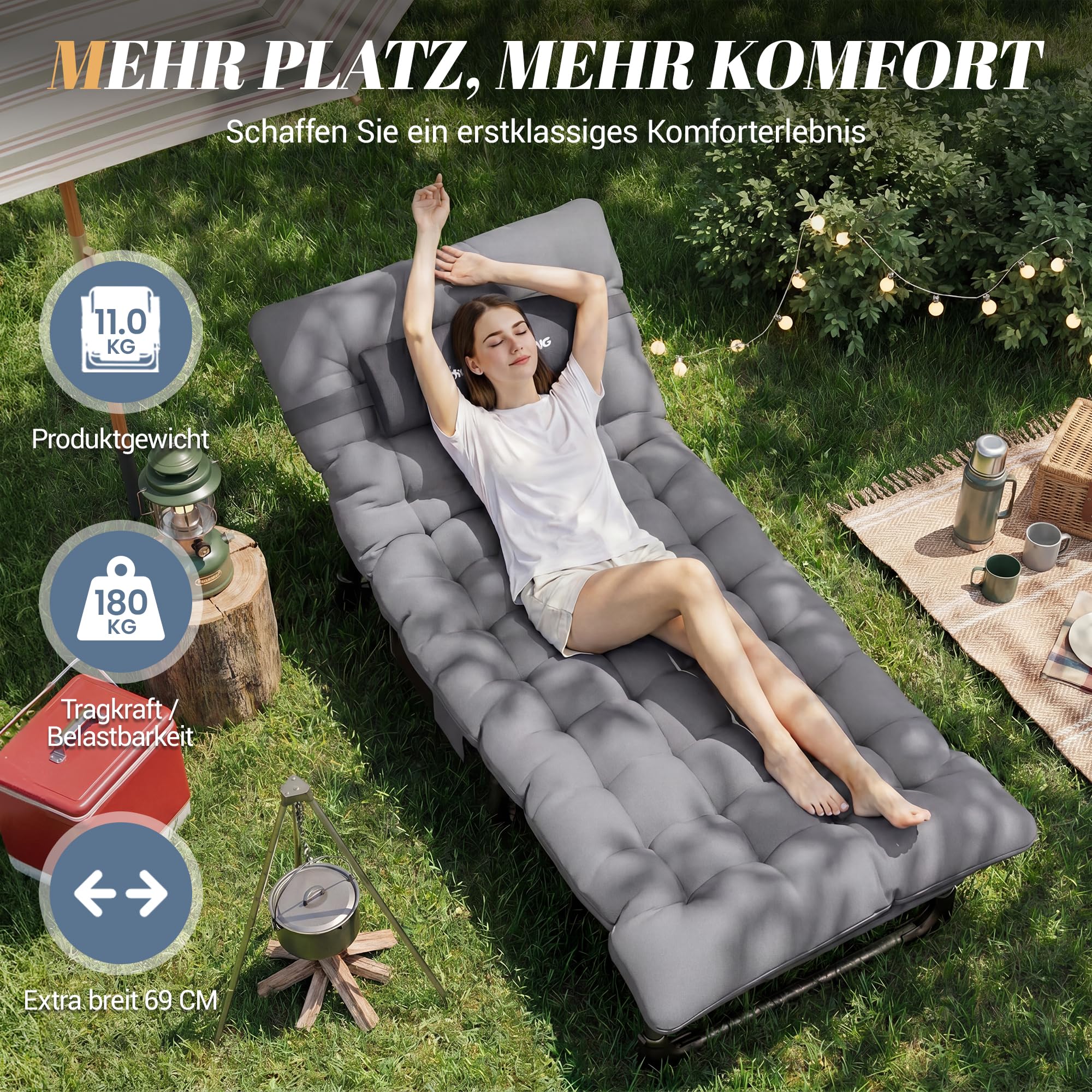 UDPATIO Camping Betten Feldbetten Klappbar, Liegestuhl Mit Auflage Polster, Gartenliege mit Verstellbarer Rückenlehne, Strandliege Campingliege für Outdoor Camping Grau