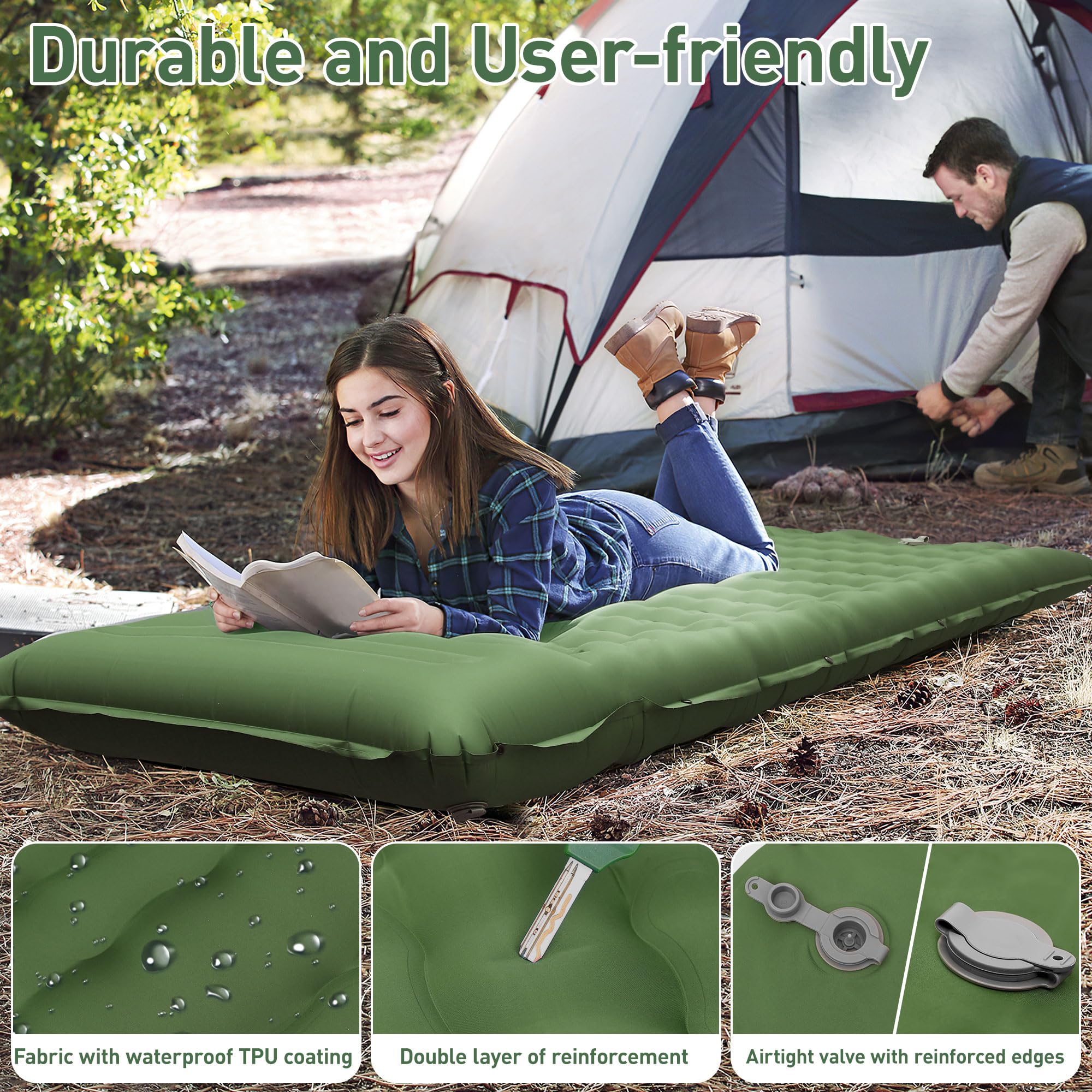 Isomatte Camping, 12CM Verdicktes Luftmatratze mit Fußpresse Pumpe,Luftverlust verhindern Aufblasbare Matratze Ultraleicht Wasserdicht Outdoor (Tannengrün)