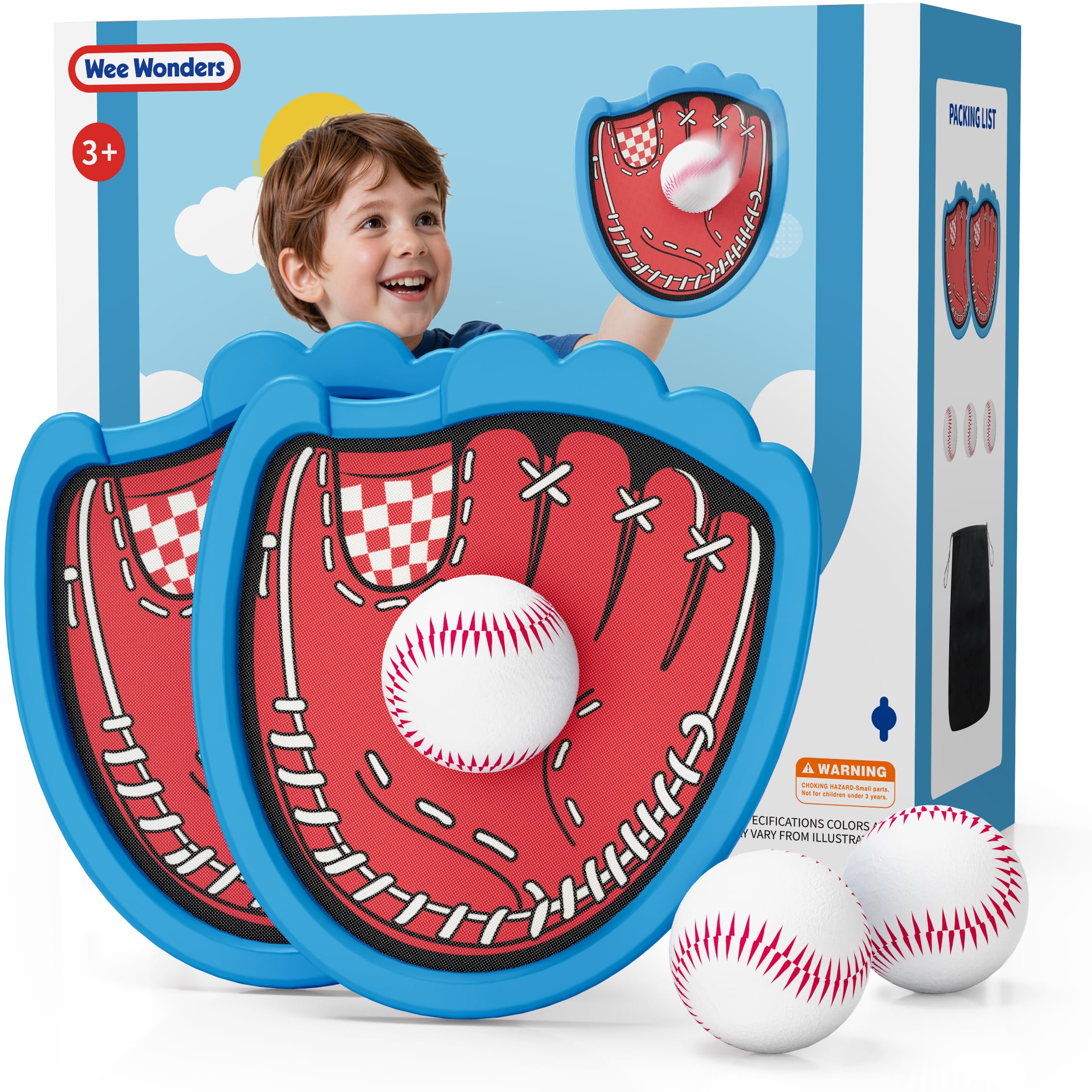 wee wonders toss and catch ball set, toddler baseball glove includes 2 paddles & 3 sticky balls, catching ball game for beach yard pool outside, indoor outdoor toys gifts for kids ages 3-12, blue