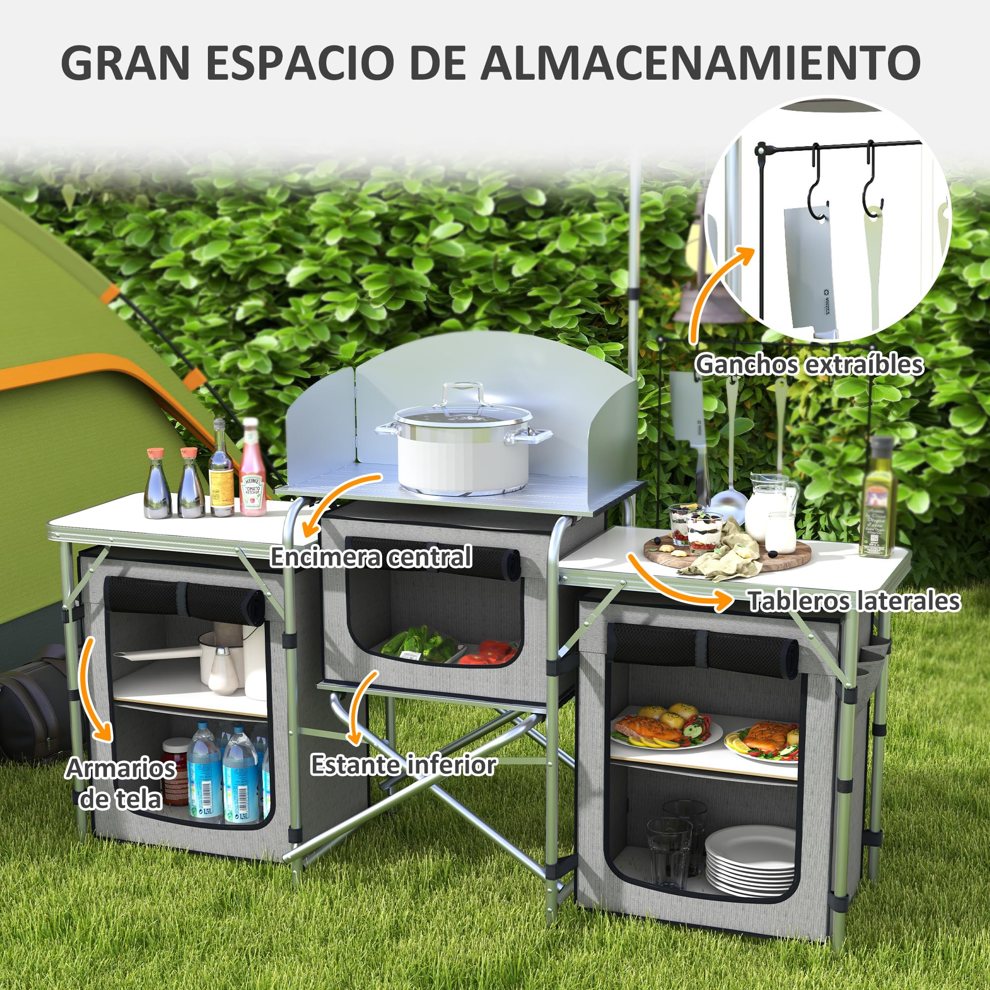 Outsunny Mueble Cocina Camping Armario Camping Plegable con Mesas Armarios Ganchos Estructura de Aluminio Poste de Luz Ajustable Paravientos y Bolsa de Transporte para Acampada 172x48x130 cm Gris