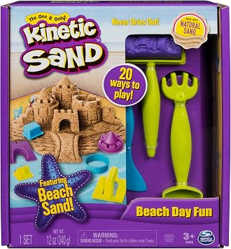 The One and Only Kinetic Sand, Beach Day Fun Playset with Castle Moulds, Tools and 12oz of Kinetic Sand for Ages 3 and Up