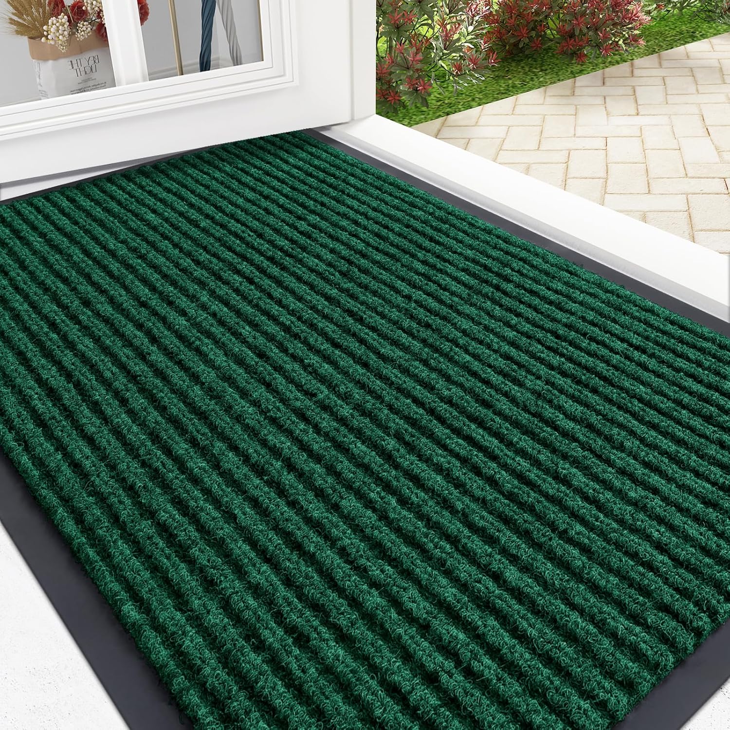 olanly front door mat indoor outdoor entrance, waterproof heavy duty doormat, fade resistant, low profile, easy clean patio porch welcome floor mats for entry, 35x23, green 35" x 23" green