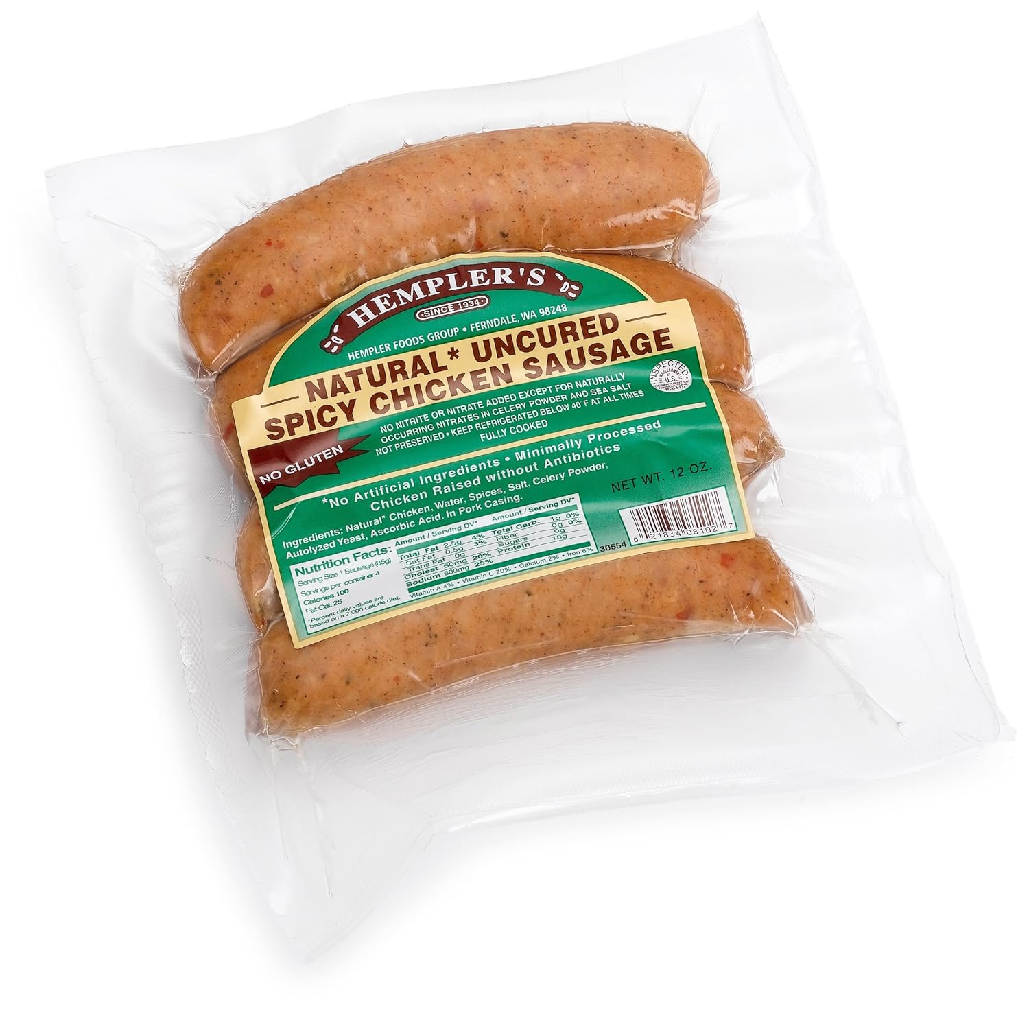 Hempler's, All Natural, Free Range Spicy Chicken Sausage