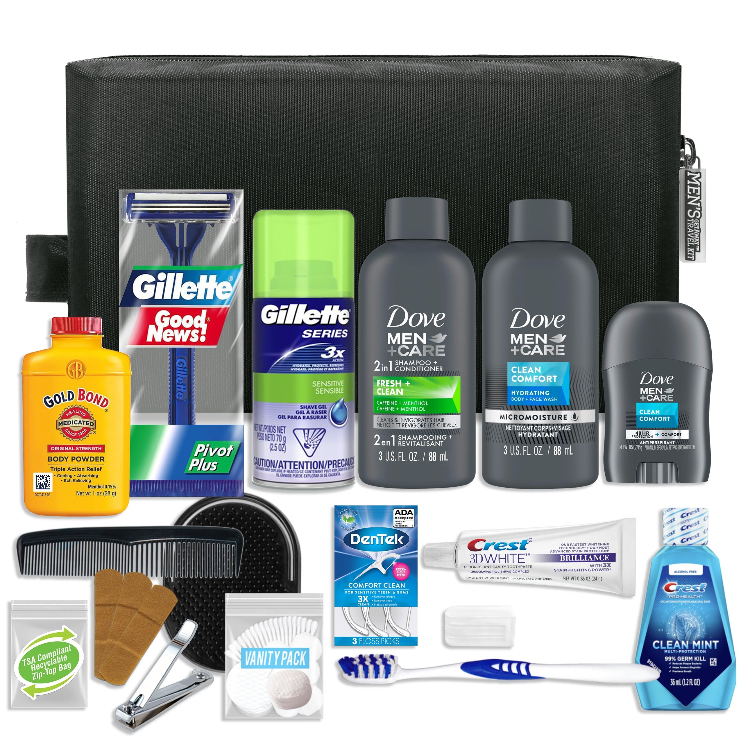 Convenience Kits International Mens Premium 20-Piece Kit with Travel Size TSA Compliant Essentials Featuring Dove Men Care Products
