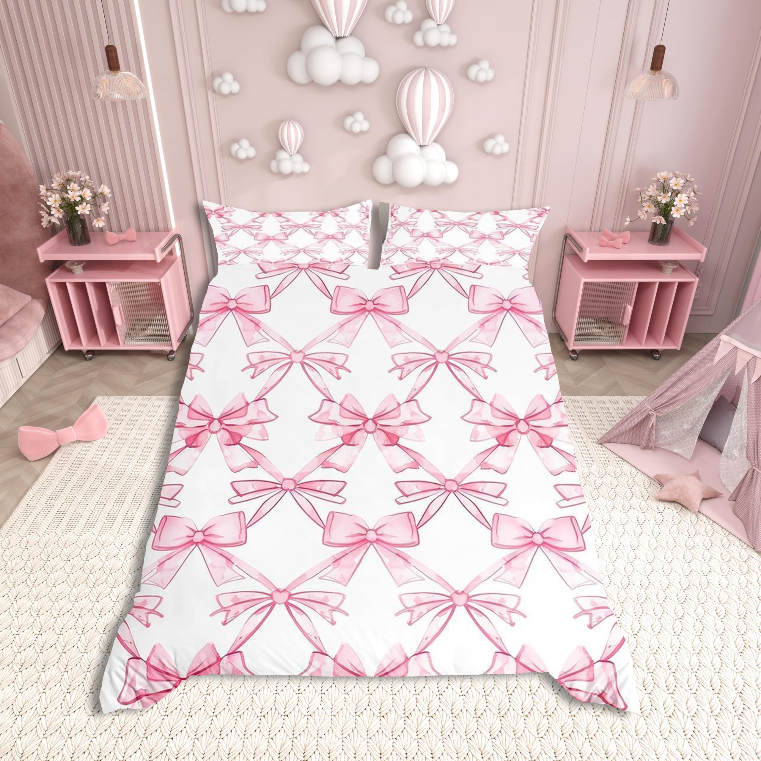 Pink Bowknot Duvet Cover,Watercolor Bow-tie Princess Style Paint Quilt Cover(No Filler),Dreamy Bow Crossed Grids Lines Pink White Bedding Set with 2 Pillowcases,Pink White,Super King Size — image 1