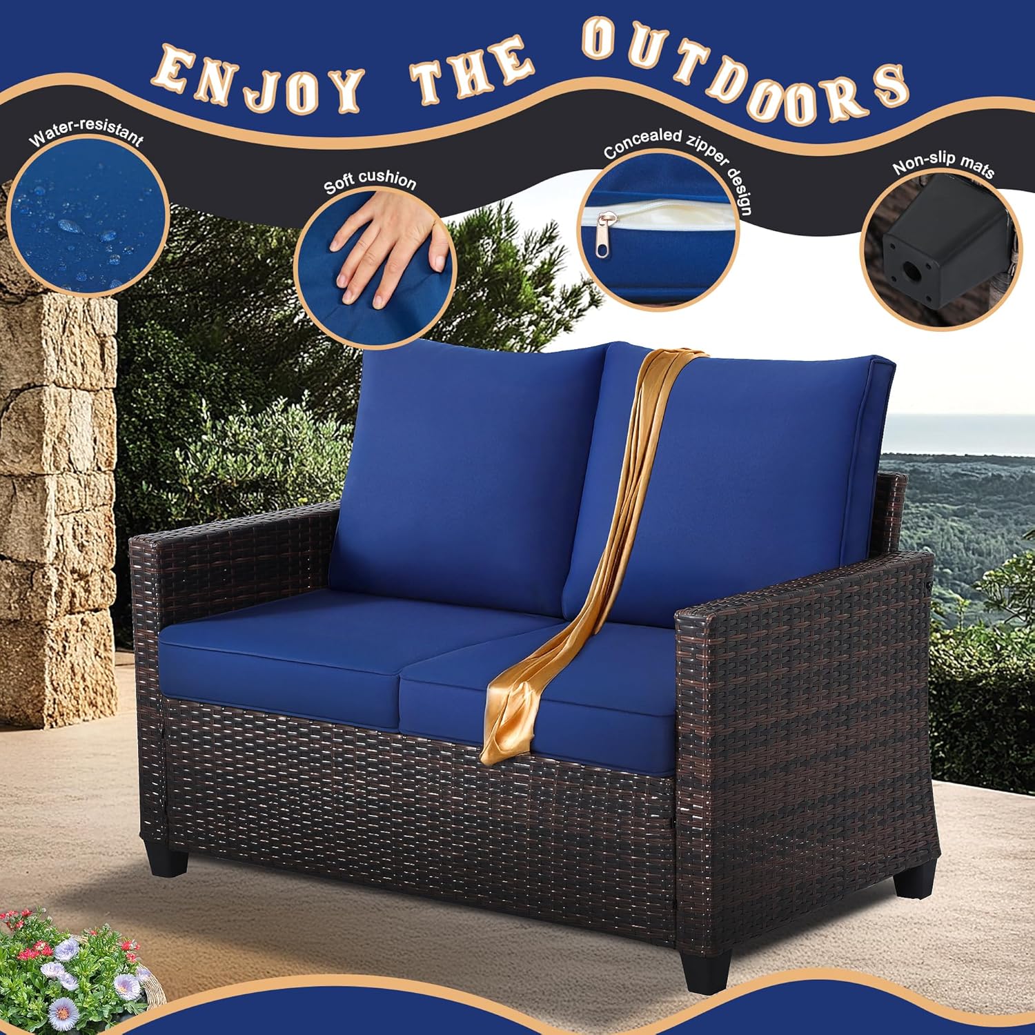 Outdoor Loveseat,All-Weather Patio Deep Seat 2-Seater Rattan Sofa with Water Resistant Cushions for Balcony,Backyard,Porch & Poolside - Blue