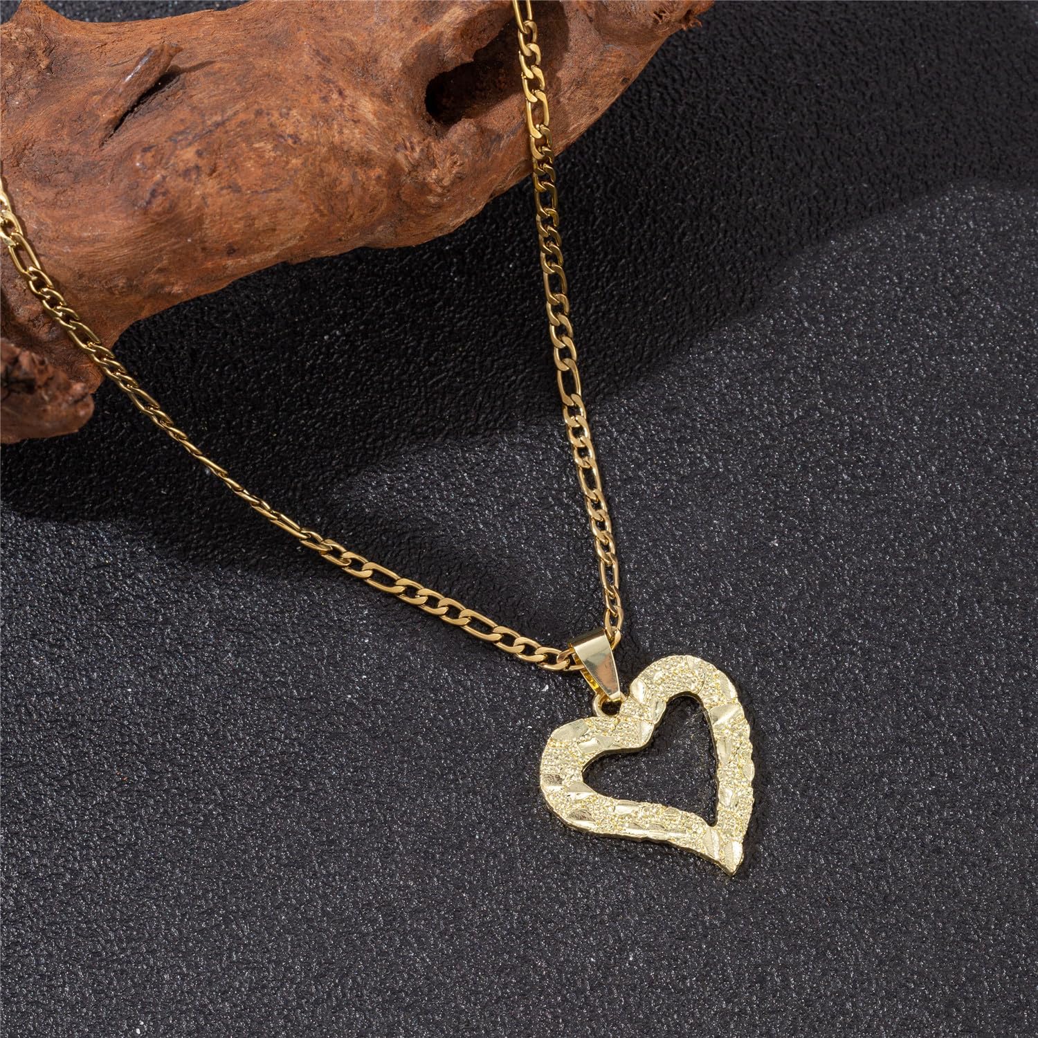 Nugget Heart Pendant Necklace for Women 14K White Gold Plated Hollowed Diamond-cut Heart Charm Figaro Chain Minimalist Jewelry - Image 4