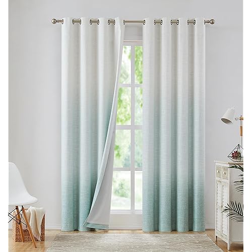 Ombre Full Blackout Curtain Panels 84 Inch Long Noise Reducing Energy Efficient Window Treatment Drapes for Bedroom Linen Texture with Grommets Top Gradient Print Cream White to Aqua, 50"x84"x2