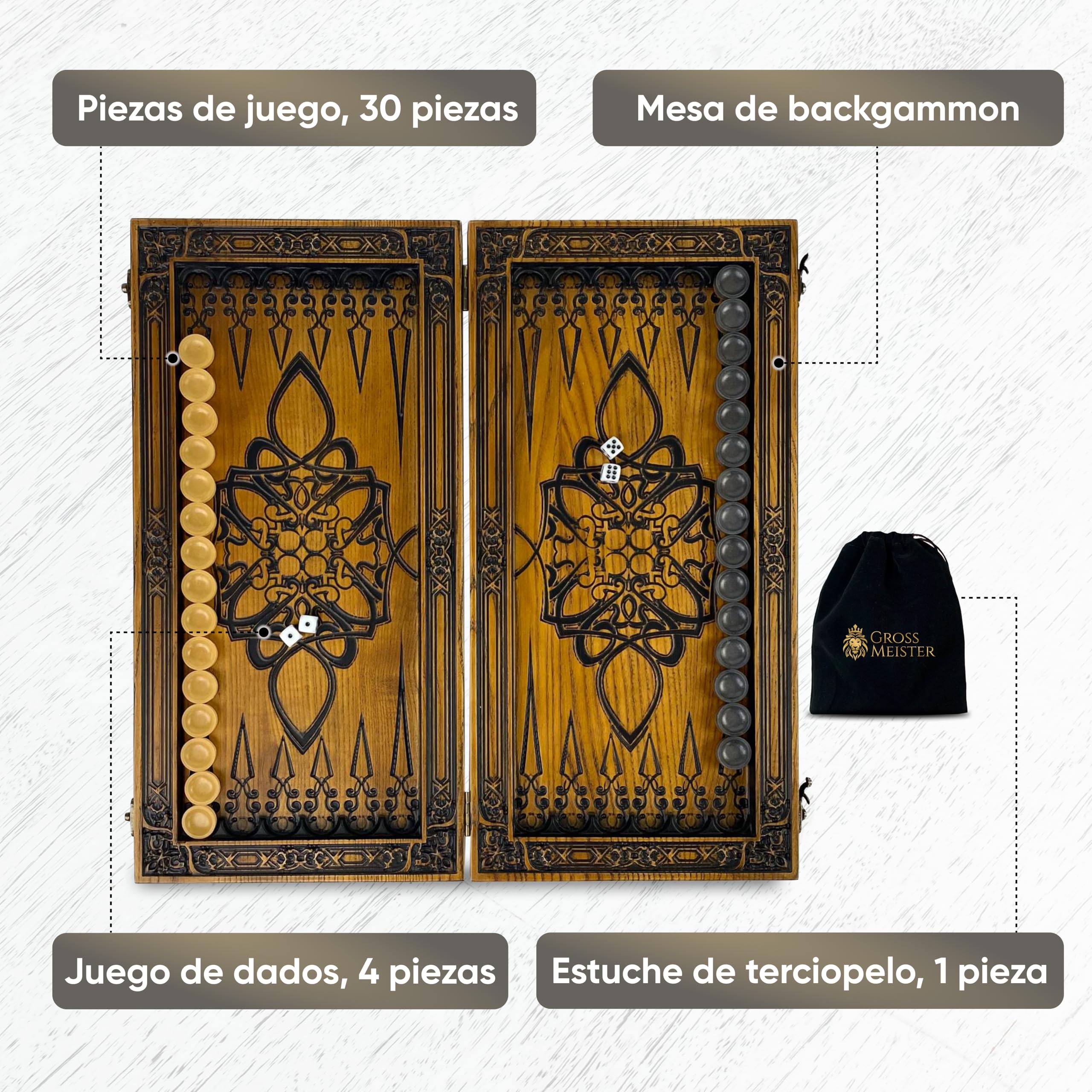 Backgammon de madera de fresno – Estrella de David grabado – 48 × 23 cm – Juego de fichas epoxi hecho a mano – Idea de regalo para los conocedores "Estrella de David" (2 diseños)
