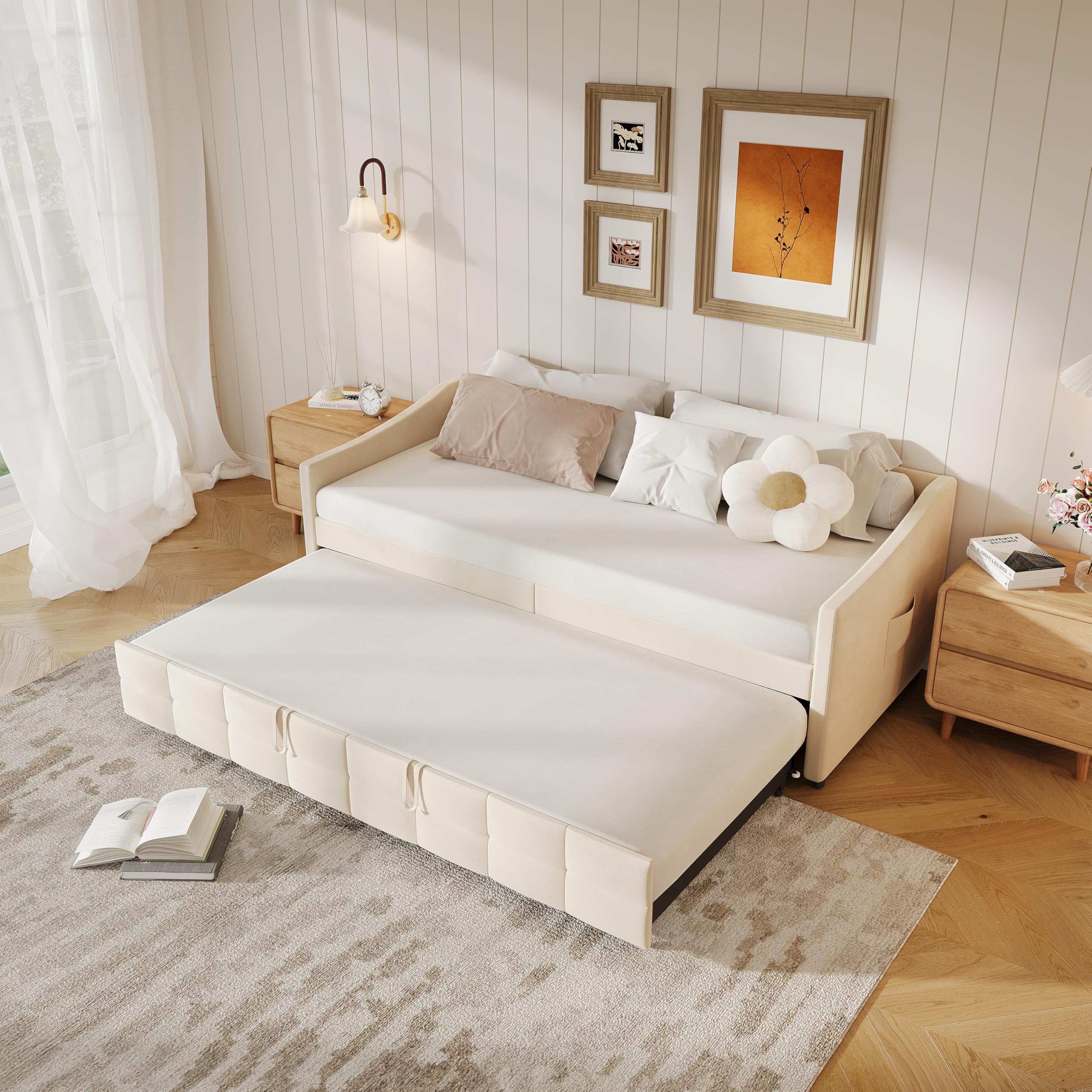 PerGar Sofá cama 90/180 x 200 cm, cama extensible con somier de láminas de madera, sofá cama con cajón, cama nido, cama individual/doble, cama multifunción, franela, sin colchón (color crema)