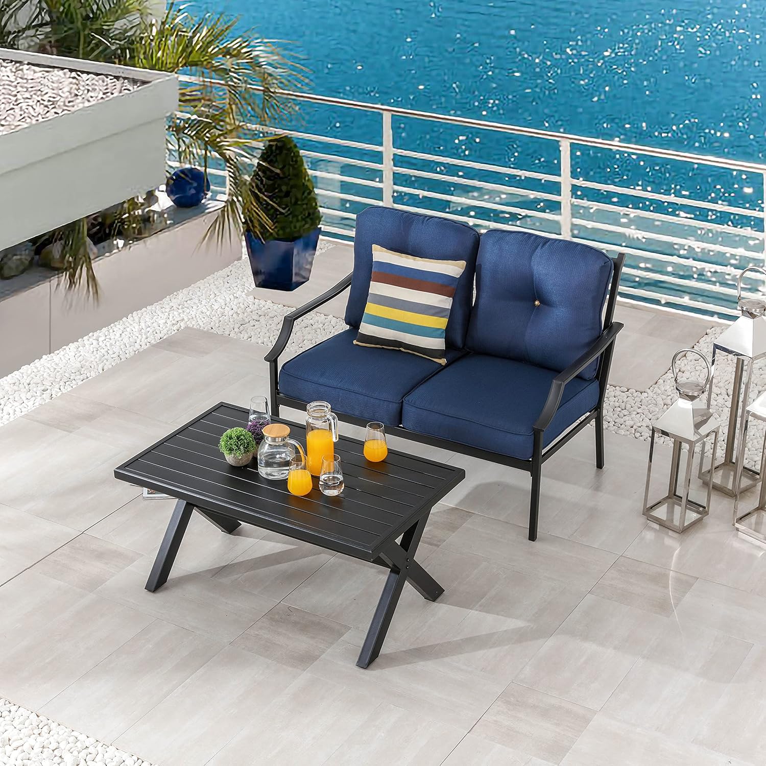 LOKATSE HOME Outdoor Loveseat and Coffee Table Metal Conversation Set Patio Furniture with Cushions for Poolside Backyard Lawn