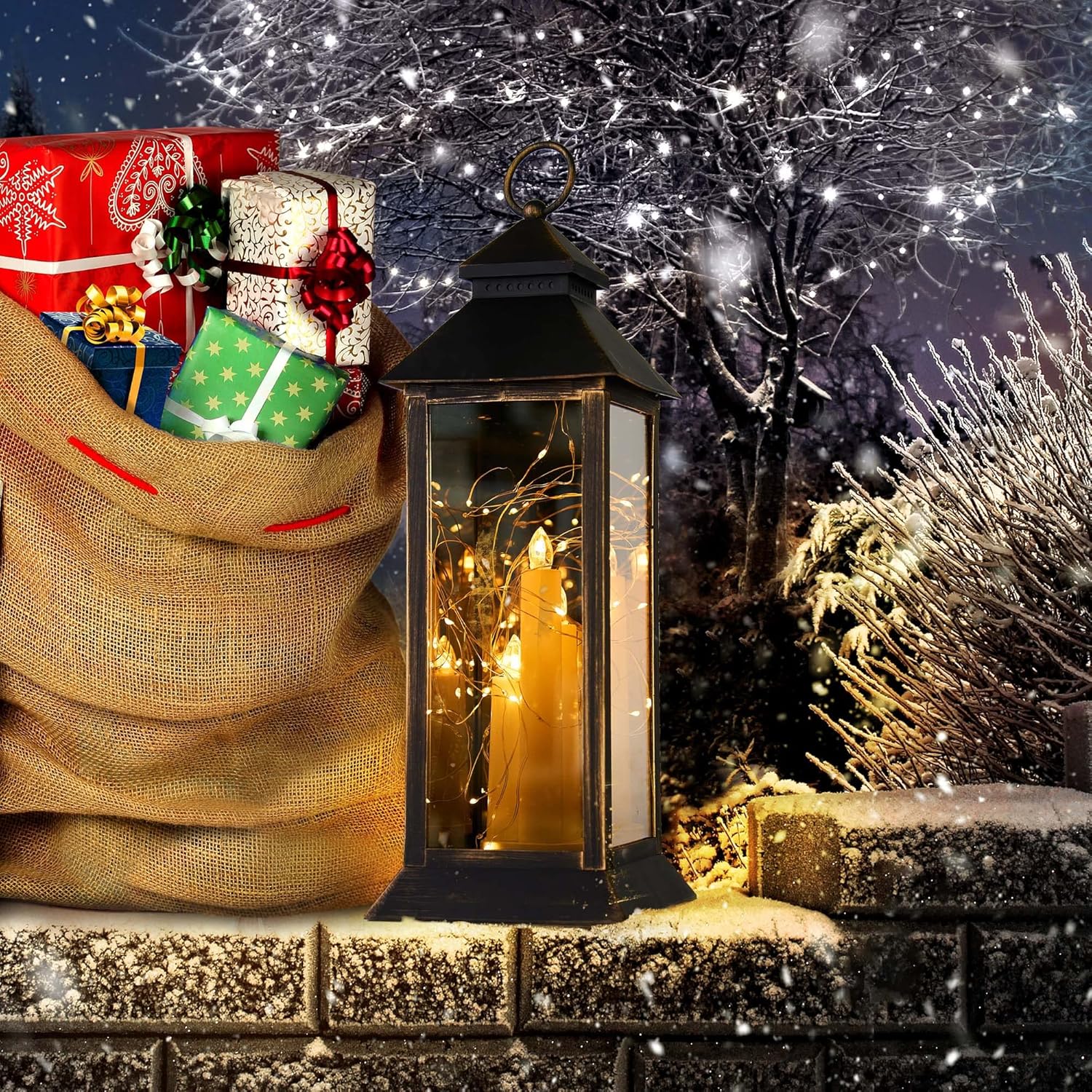 Yongmao Large Decorative Candle Lantern 17 Inch Tall Golden Brushed Black Vintage Lantern with Fairy String Lights Hanging Lantern with Timer for Indoor Outdoor Christmas Garden Yard Home Decor : Home & Kitchen