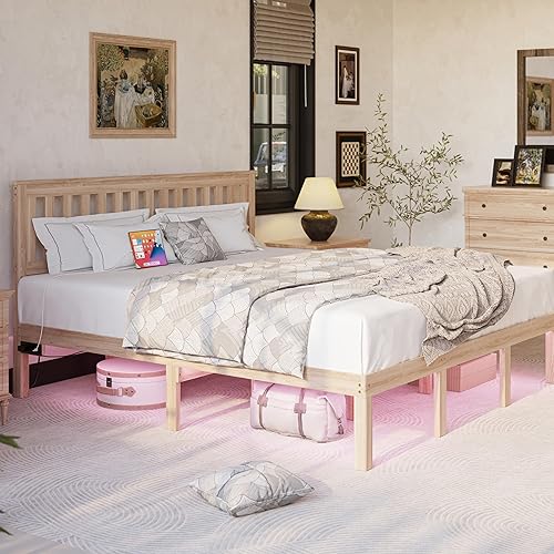 Miniatura 7 de Base de cama King de madera maciza natural con tomacorrientes, cama de plataforma con cabecera y listones de madera, no necesita somier, fácil