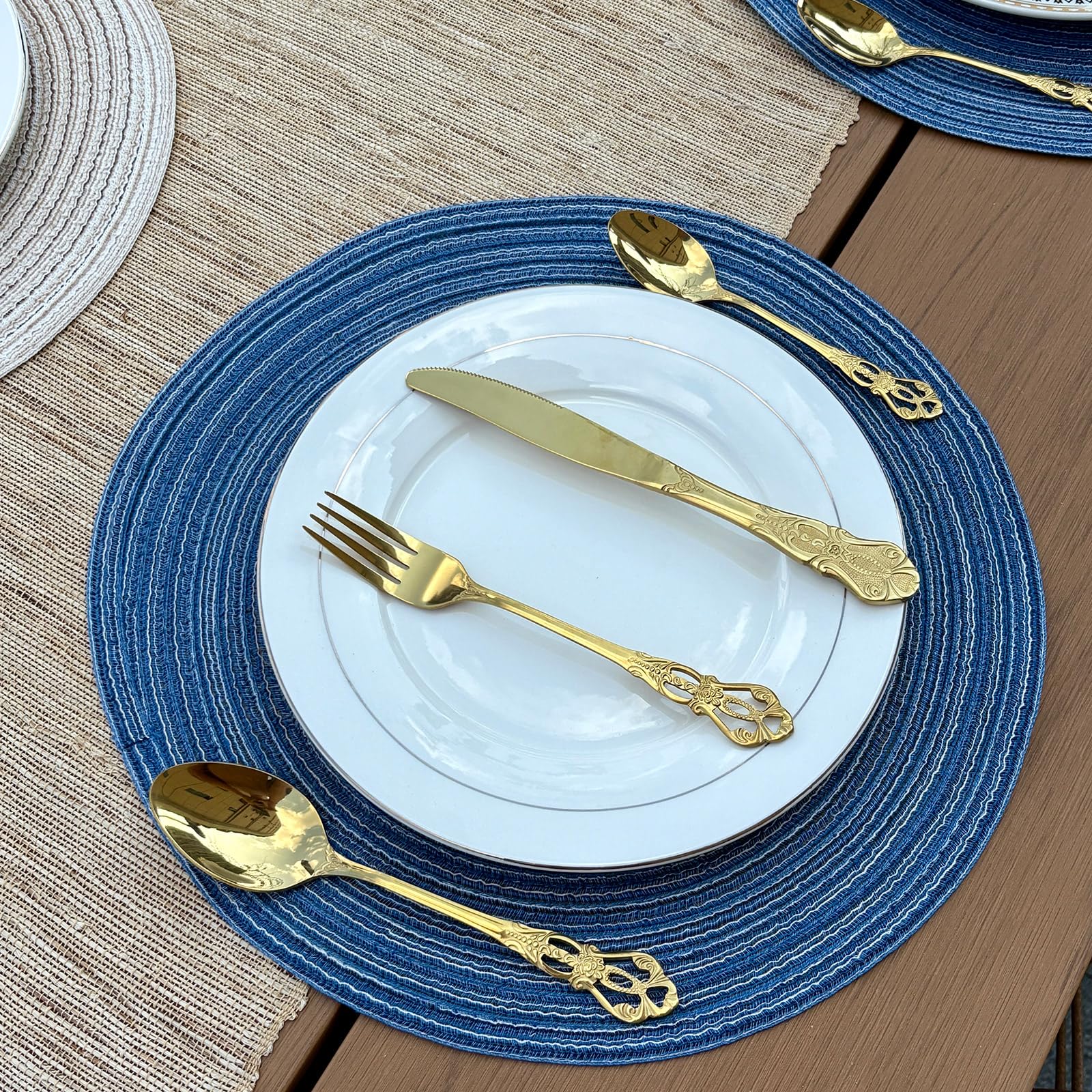 Blue Woven Placemats Set of 8,Washable Wipeable Woven TableMats Set of 8, Rattan Look Placemats,Blue ocen-Like placemats 15 Inch(Blue White)