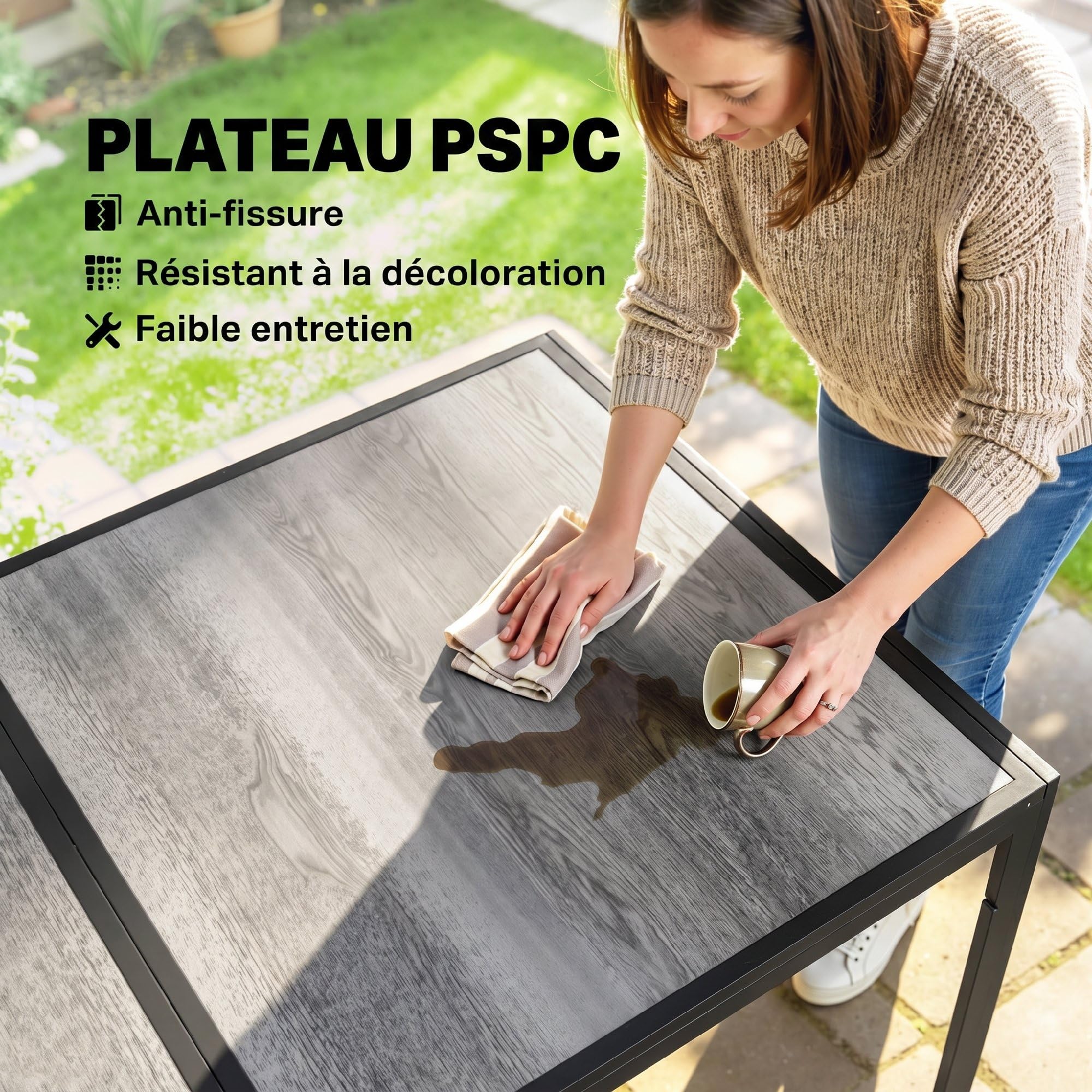 Outsunny Table de Jardin rectangulaire pour 4 à 6 Personnes, Table à Manger extérieure avec Plateau à Effet Bois et Pieds en Acier, pour Balcon, Porche, terrasse, 150 x 80 x 74 cm, Gris