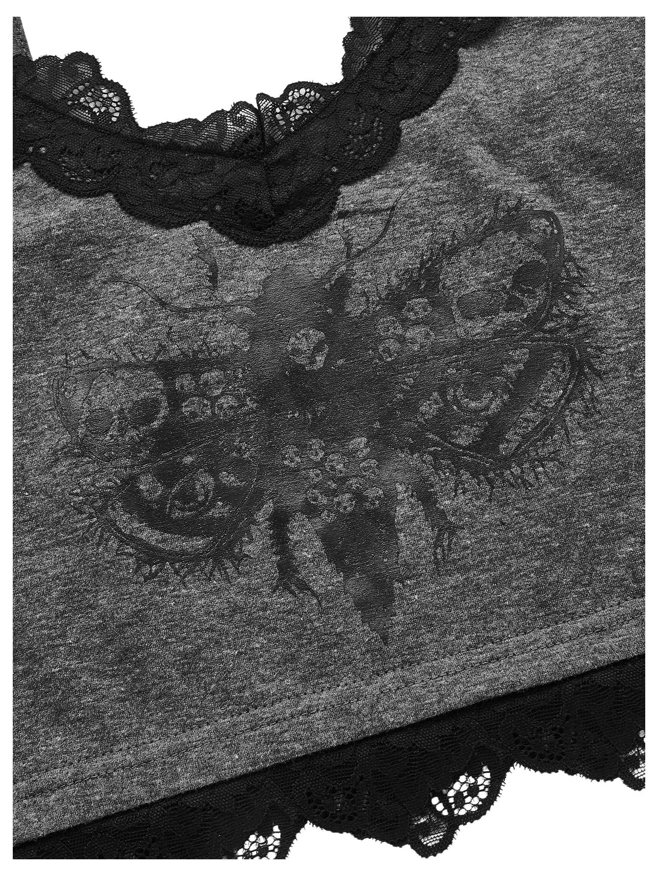 SHENHE Women's Butterfly Skull Print Contrast Lace Spaghetti Strap Sleeveless Cami Tank Crop Tops: Large Grey