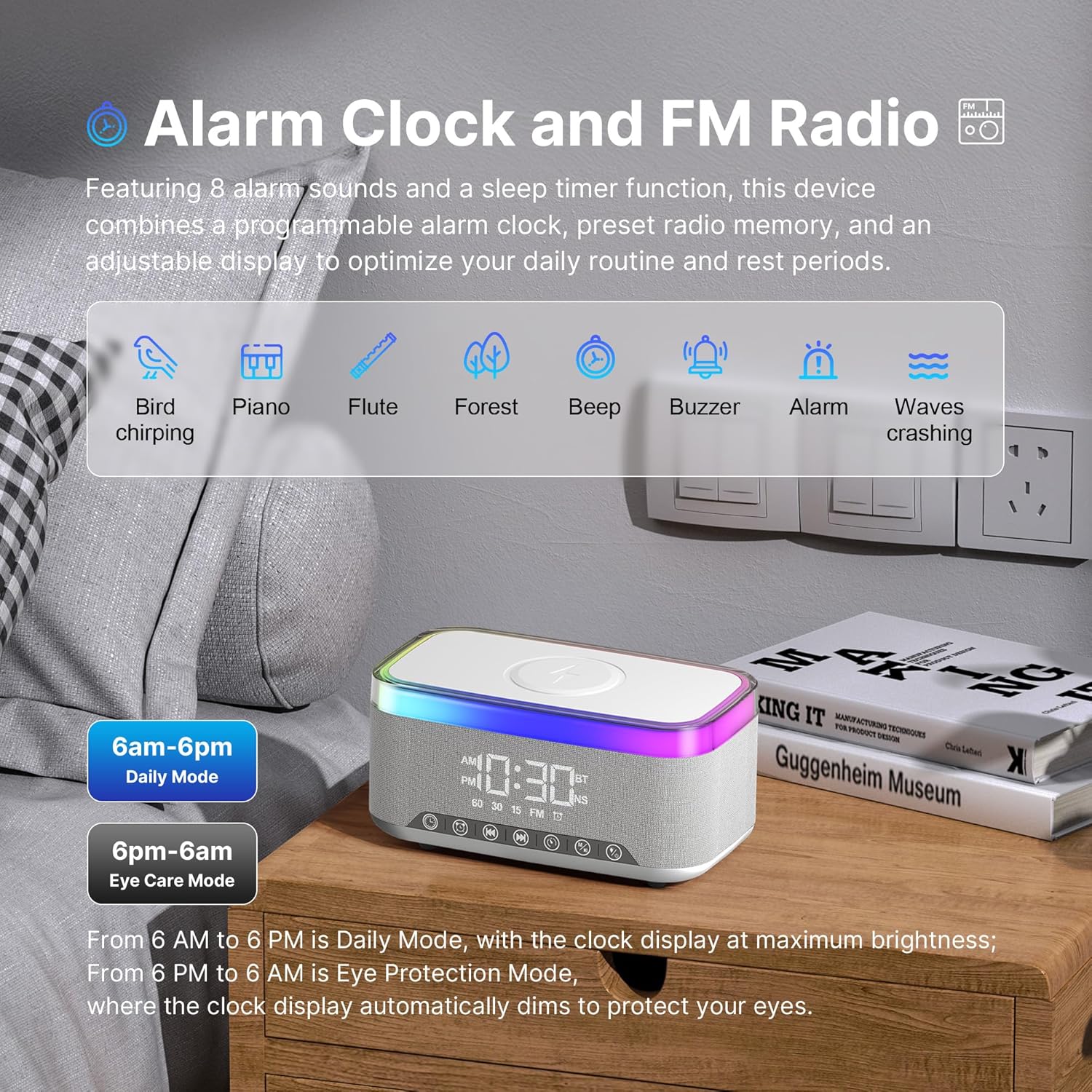 Auvoda S300 speaker showing alarm clock and FM radio features with various alarm sounds