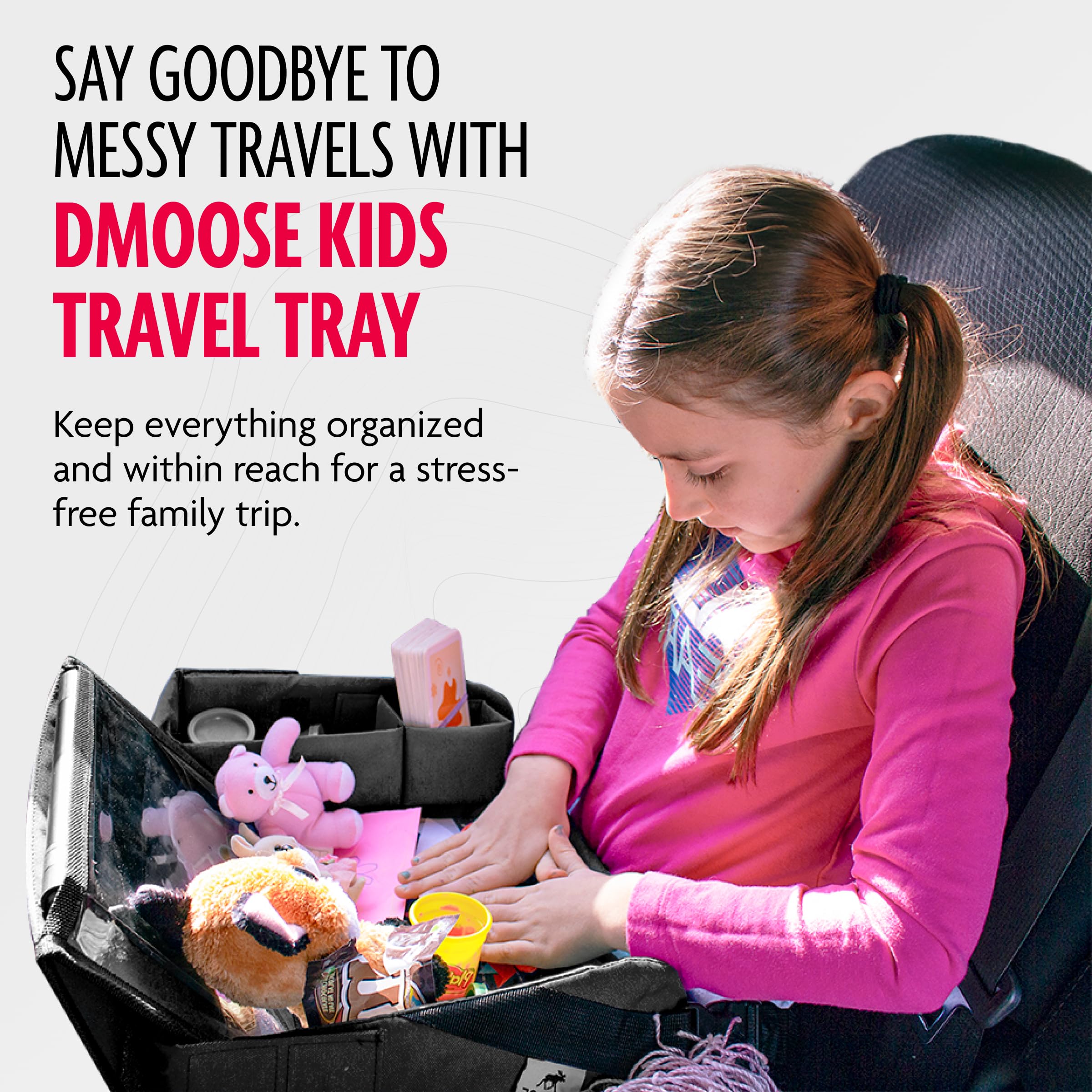 DMoose Bandeja de viaje para niños, bandeja de actividades para asientos de automóvil con base acolchada y cómoda, paredes laterales, bolsillos malla para aperitivos, soporte para tableta, cochecito