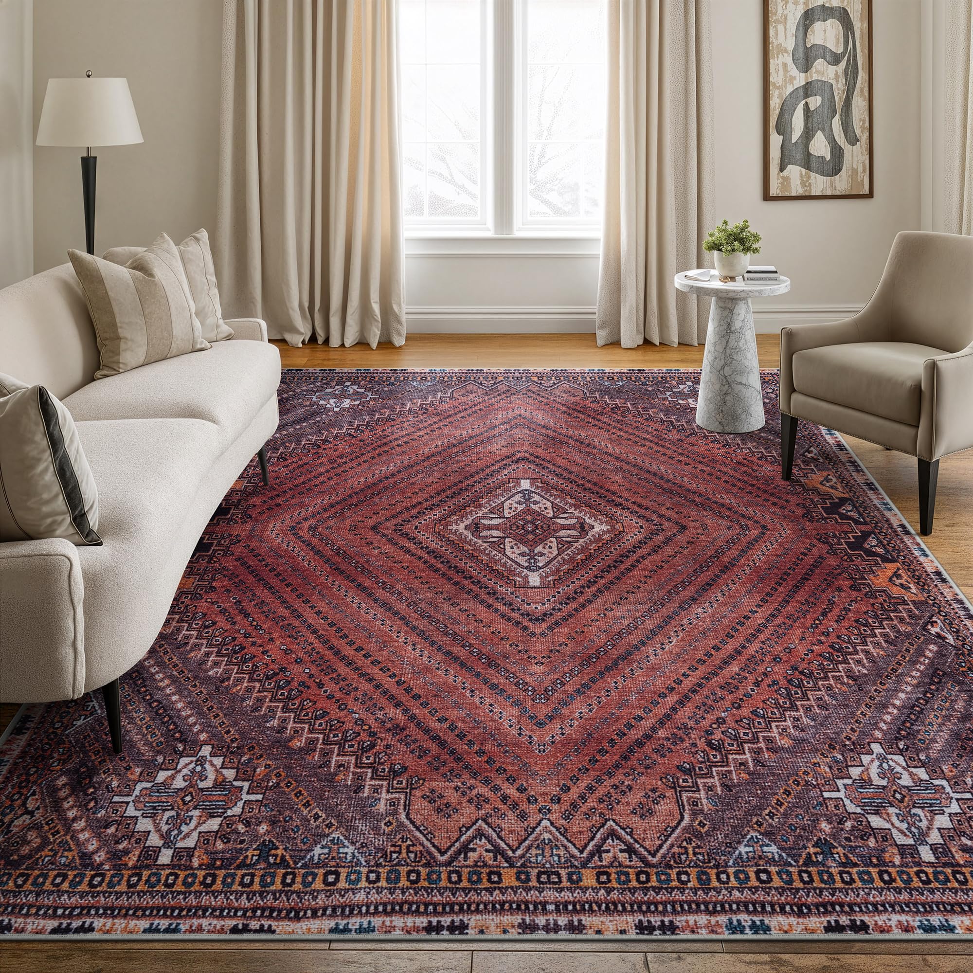 Bloom Rugs Washable Non-Slip 9' x 12' Rug - Red/Multicolor Traditional Bordered Area Rug for Living Room, Bedroom, Dining Room, and Kitchen - Exact