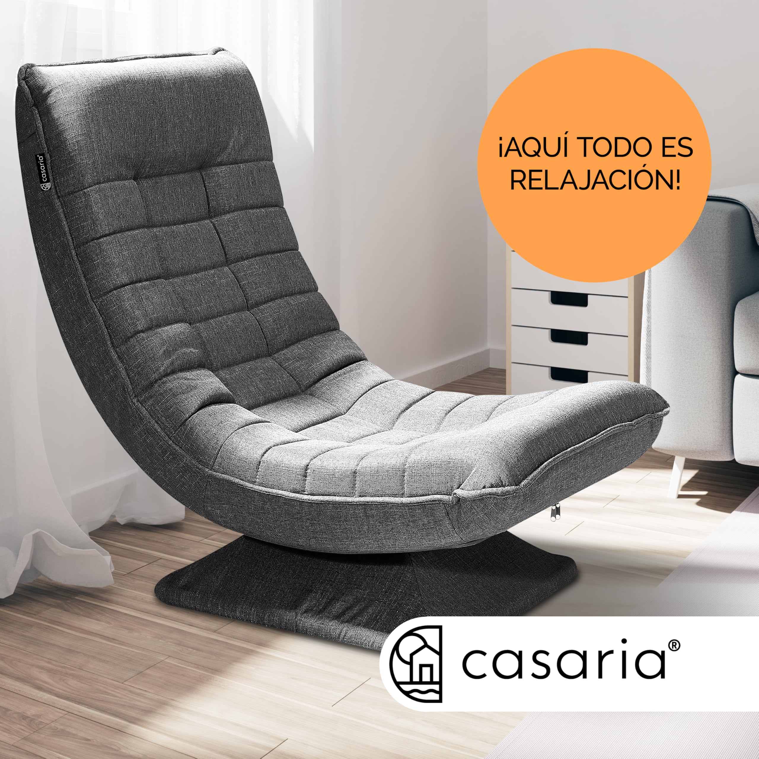 CASARIA® Sillón Relax Respaldo Ajustable 5 Posiciones Ergonómico Giratorio 360° Manual Carga 150kg Silla de Suelo Plegable Tapizado Gris 60x105x87cm