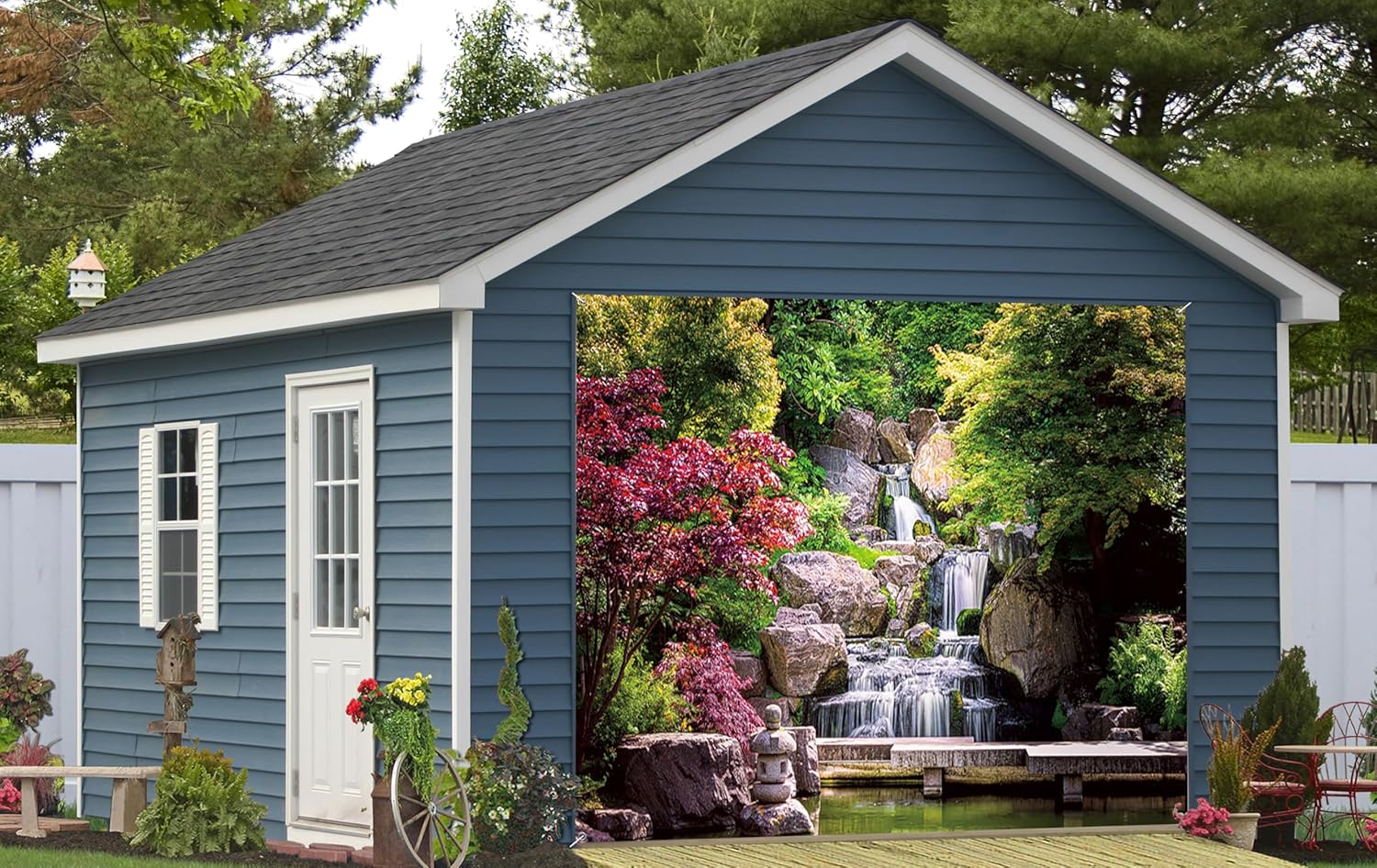 7x8ft Mountain Nature Scene Garage Door Decor Waterfalls Slate Bridge Lush Forest Red Maple Tree Spring Theme Garage Door Cover