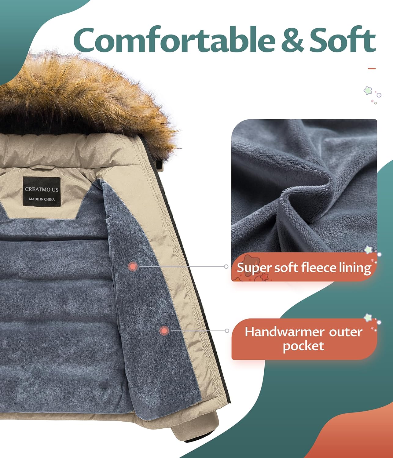 CREATMO US Boy's Water Resistant Winter Coats Warm Fleece Lined Outwear Windbreaker Ski Jacket - Image 3