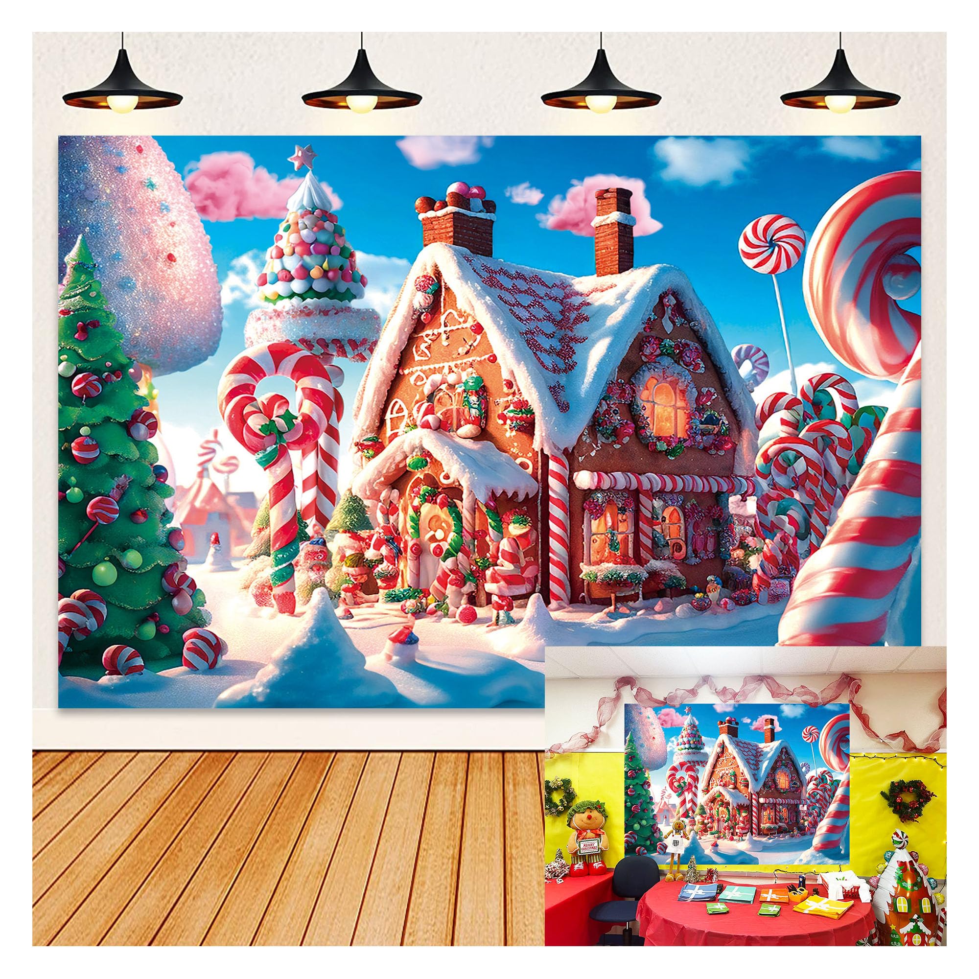 IADIUENOG 7x5ft Christmas Candy House Backdrop with Gingerbread House, Cane, Lollipop, Pine, Snowflake Cover for Children's Sweetest Day, Candy Town,
