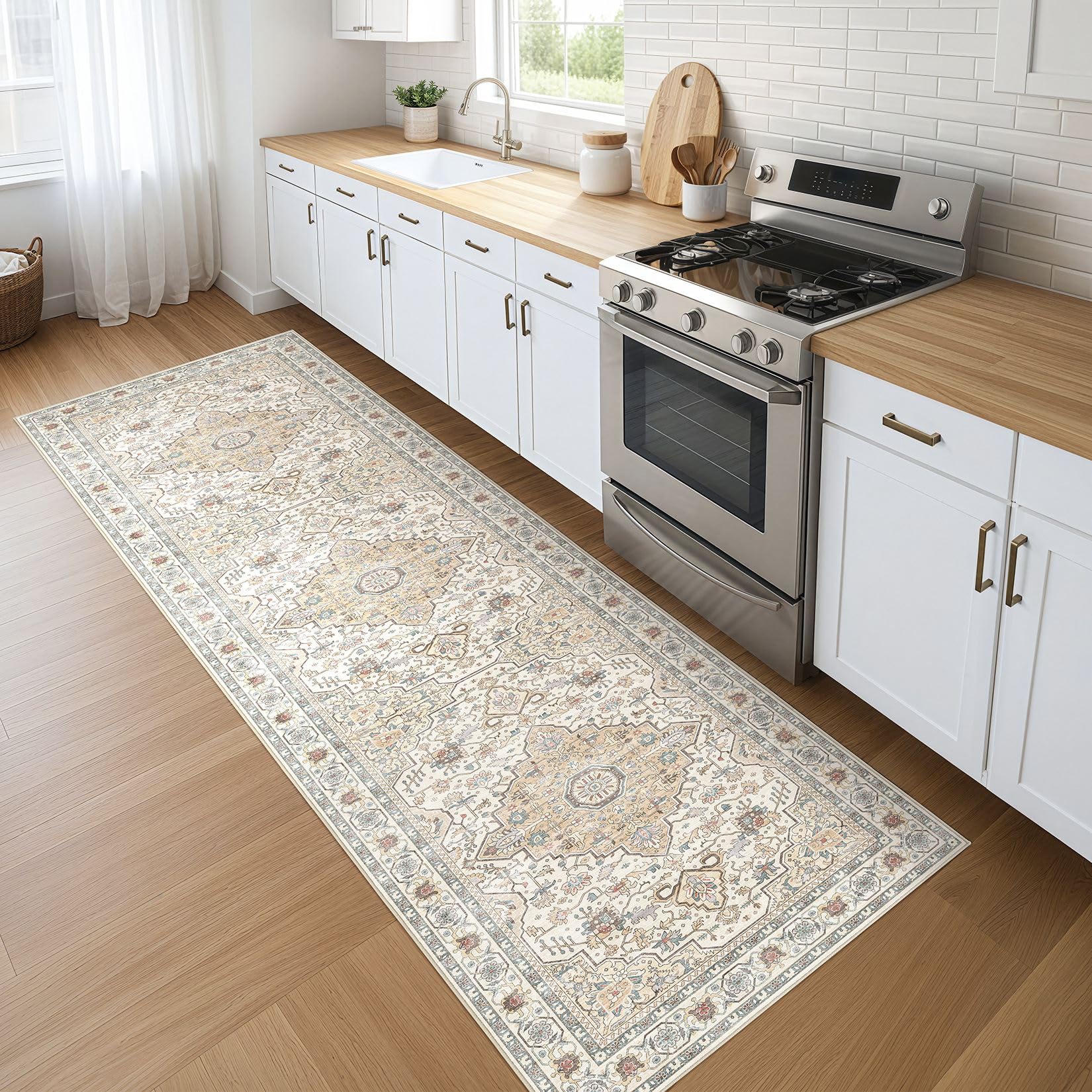 LOONGRUG Runner Rug 3x10 Washable Non-Slip Vintage Boho Rug Cream Blue