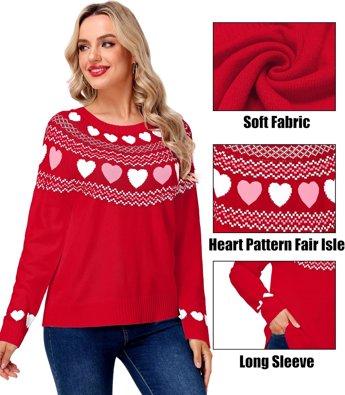 Deerose Women Valentine's Sweater Fair Isle Heart Long Sleeve Knitted Pullovers - Image 4