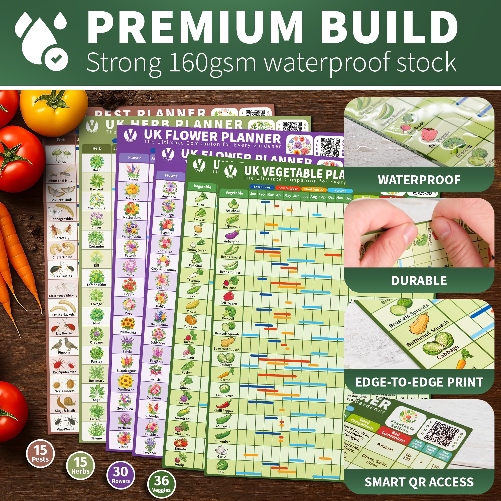 UK Garden Planner Set of 4 Vegetable, Flower & Herb Calendars with Pest Guide A4 Waterproof, Tearproof, UV-Resistant Posters with QR Guides Gift for Gardeners & Allotment Owners (Virdale Living) - Image 3