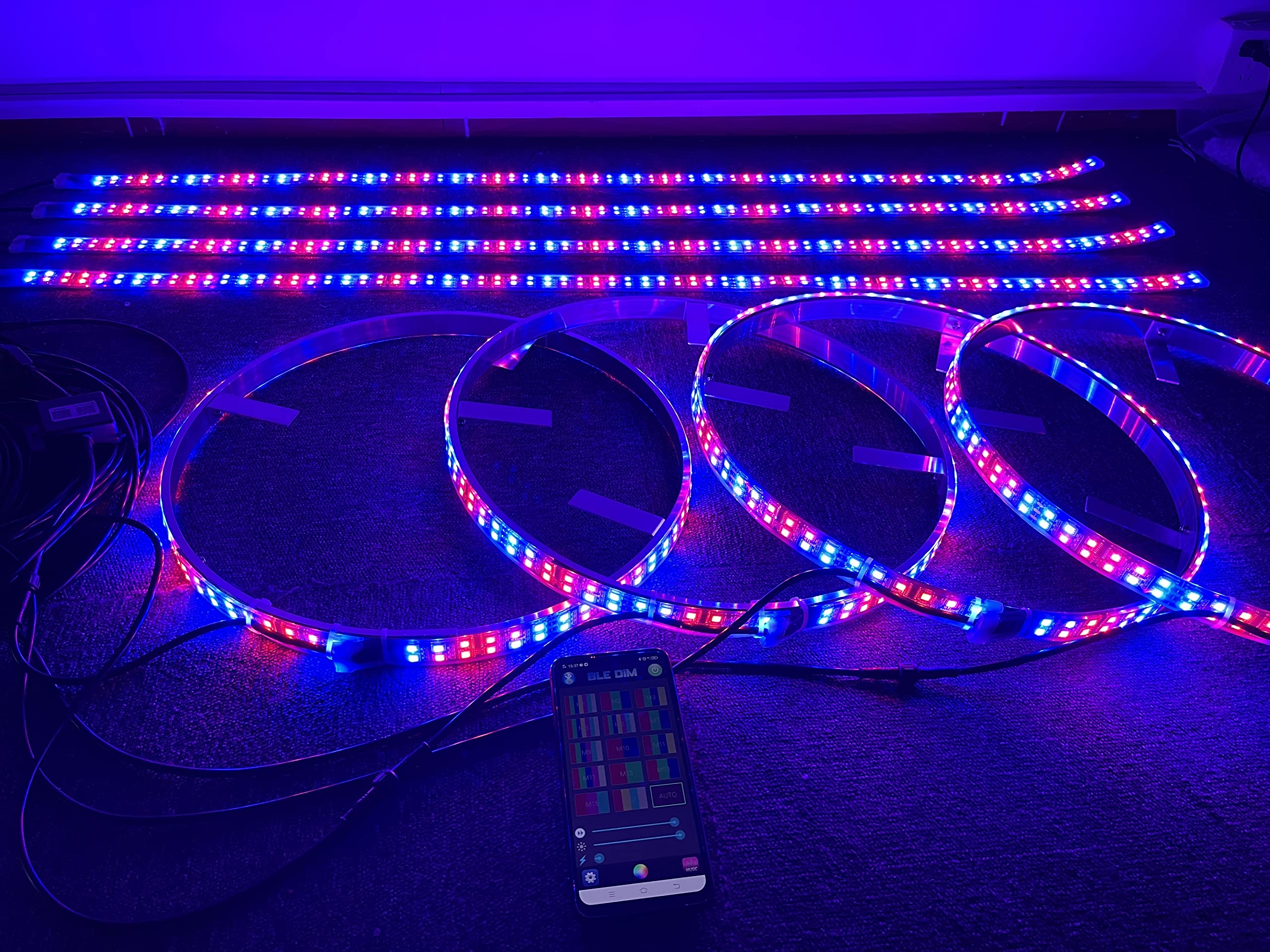Sando Tech 4PCS 15.5 Dream Chasing Color Dual Row Led Wheel Ring Tire Lights + 4 PCS 4Ft Underbody Decoration Light Kit Synchronize Wiring Harness with 8 Way Splitters Bluetooth Ctrl