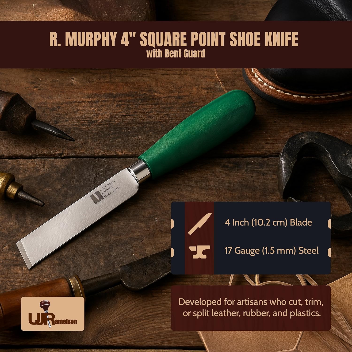 R. Murphy 4" Square Point Shoe Repair Cobblers Skiving Knife, Leather Working Tools, Ductwork Duct Knife for Insulation Foam, Made in USA, 4SQGH