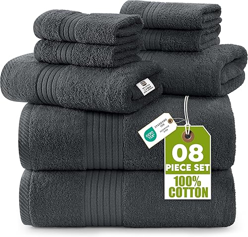 Utopia Towels 8 Piece Premium Towel Set, 2 Bath, 2 Hand, and 4 Washcloths, 100% Ring Spun Cotton, Highly Absorbent Towels for Bathroom, Sports, and Hotel, Grey