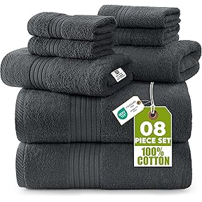 Utopia Towels 8 Piece Luxury Towel Set – Majestic Plush, Super Absorbent & Quicker-to-Dry, Thick 100% Ring Spun Cotton Towels for Bathroom, Spa & Hotel – 2 Bath, 2 Hand, 4 Washcloths, Cool Grey