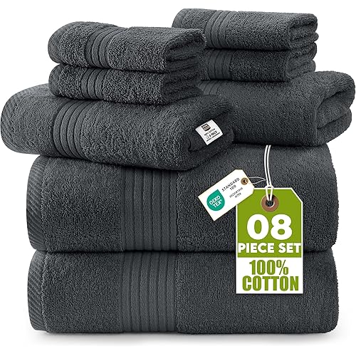 Utopia Towels 8 Piece Premium Towel Set, 2 Bath, 2 Hand, and 4 Washcloths, 100% Ring Spun Cotton, Highly Absorbent Towels for Bathroom, Sports, and Hotel, Grey